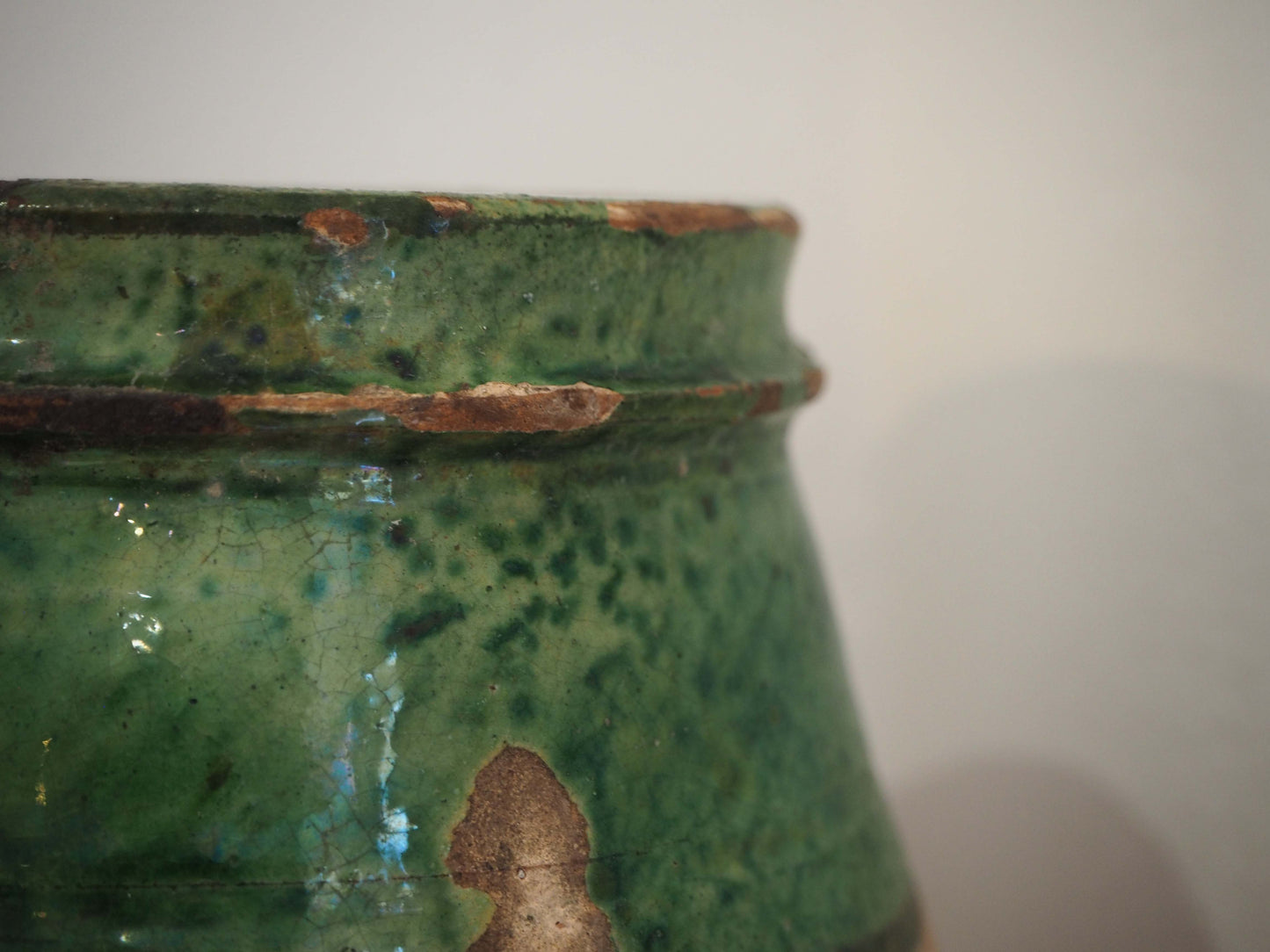 Vintage Antique Terracotta Turkish Green Glazed Handle Pot / Olive Jar / Green Glazed Rim
