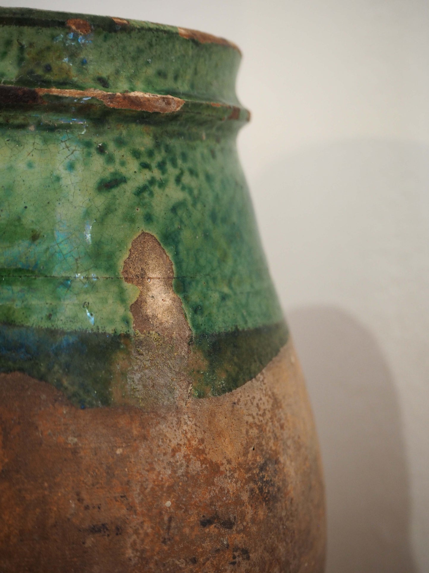 Vintage Antique Terracotta Turkish Green Glazed Handle Pot / Olive Jar / Green Glazed Rim