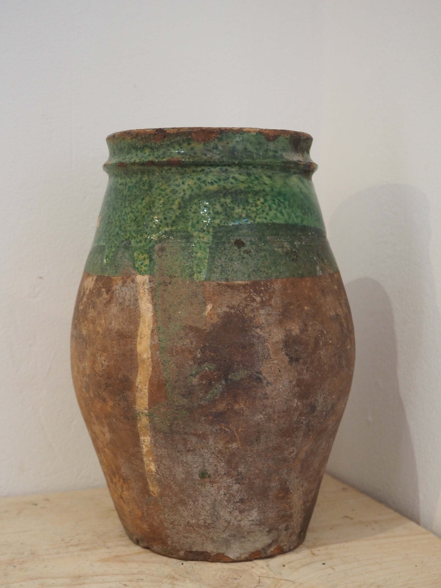 Vintage Antique Terracotta Turkish Green Glazed Handle Pot / Olive Jar / Green Glazed Rim