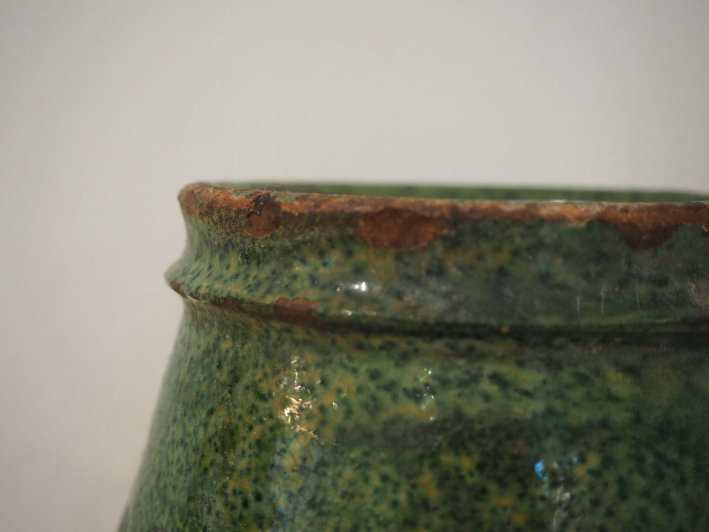 Vintage Antique Terracotta Turkish Green Glazed Handle Pot / Olive Jar / Green Glazed Rim