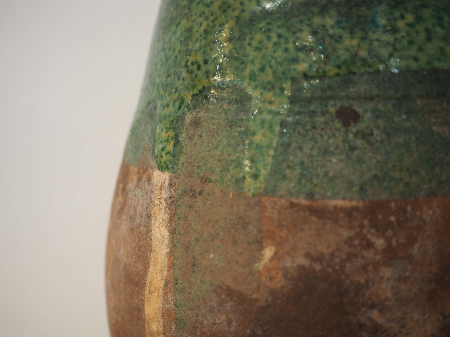 Vintage Antique Terracotta Turkish Green Glazed Handle Pot / Olive Jar / Green Glazed Rim