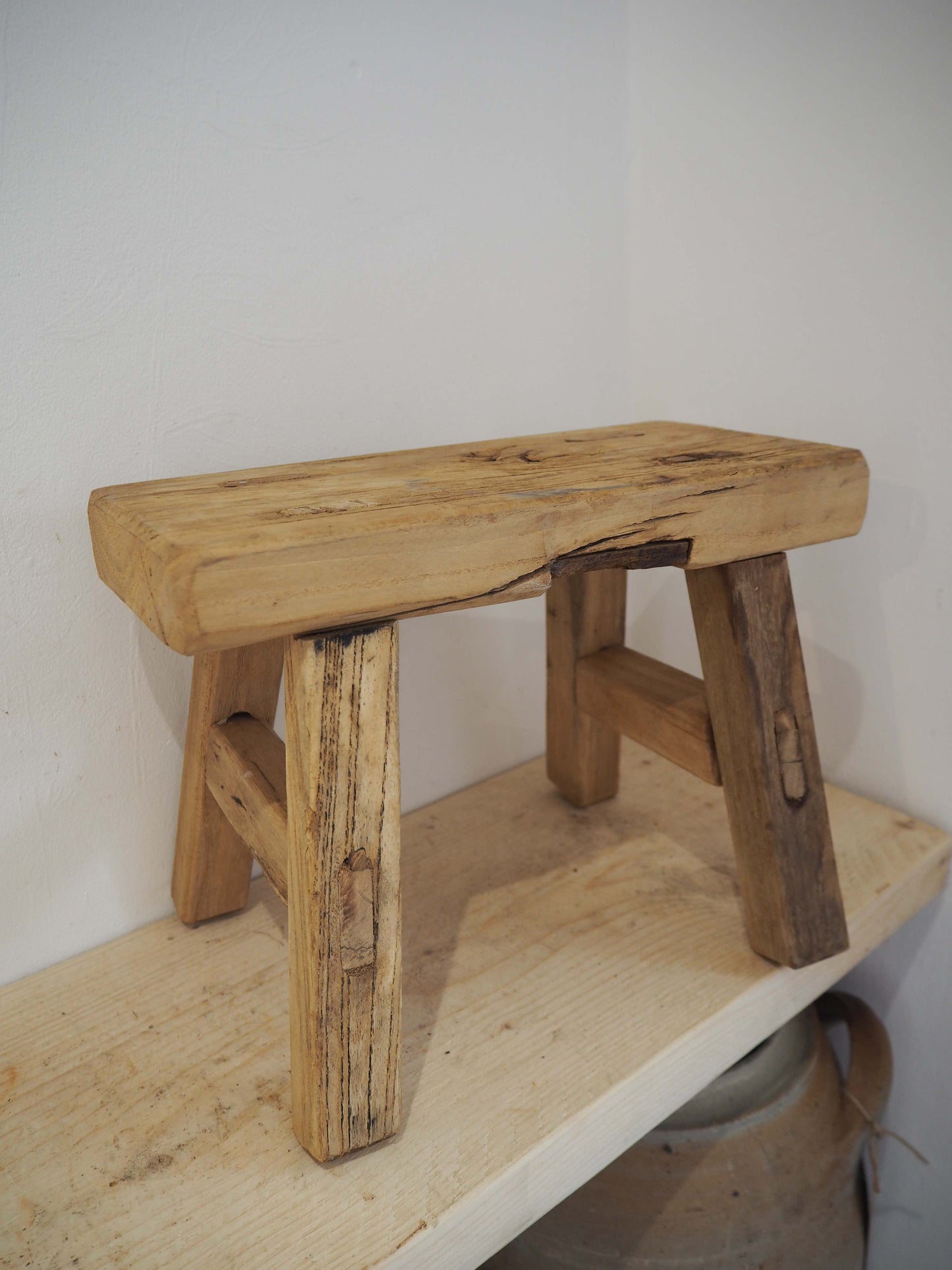 Antique Vintage Small Elm Rustic Wooden Farmhouse Stool / Milking Stool
