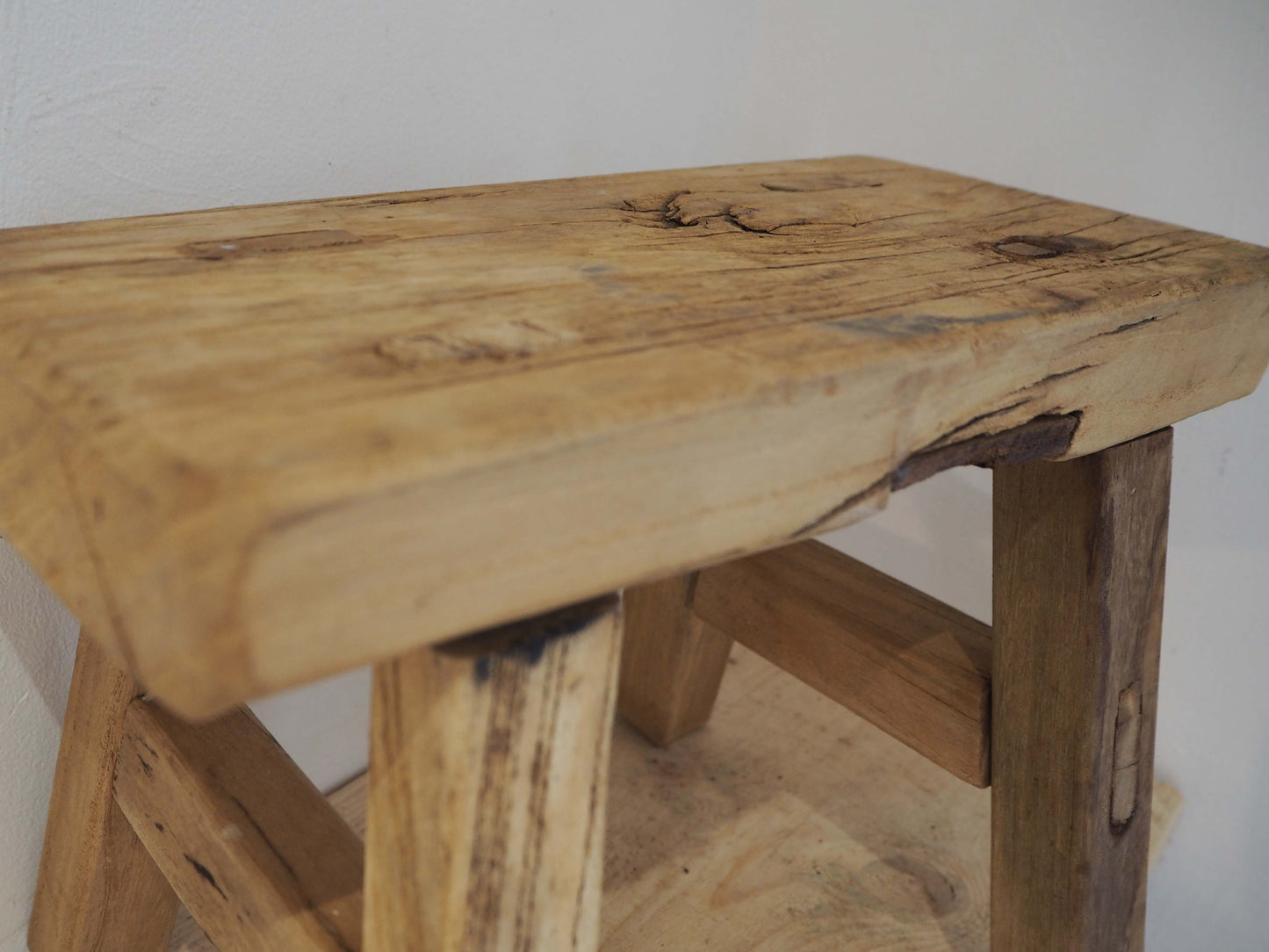 Antique Vintage Small Elm Rustic Wooden Farmhouse Stool / Milking Stool