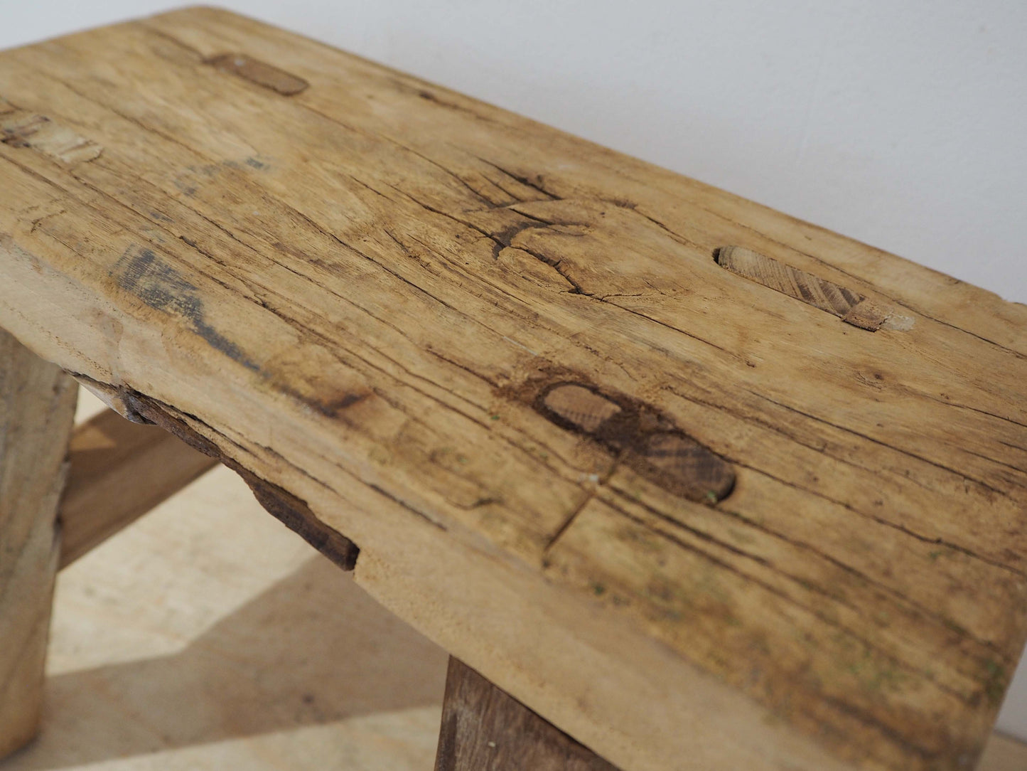 Antique Vintage Small Elm Rustic Wooden Farmhouse Stool / Milking Stool