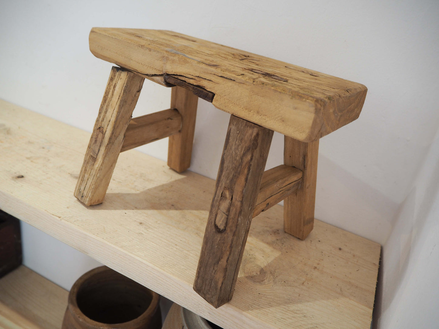 Antique Vintage Small Elm Rustic Wooden Farmhouse Stool / Milking Stool
