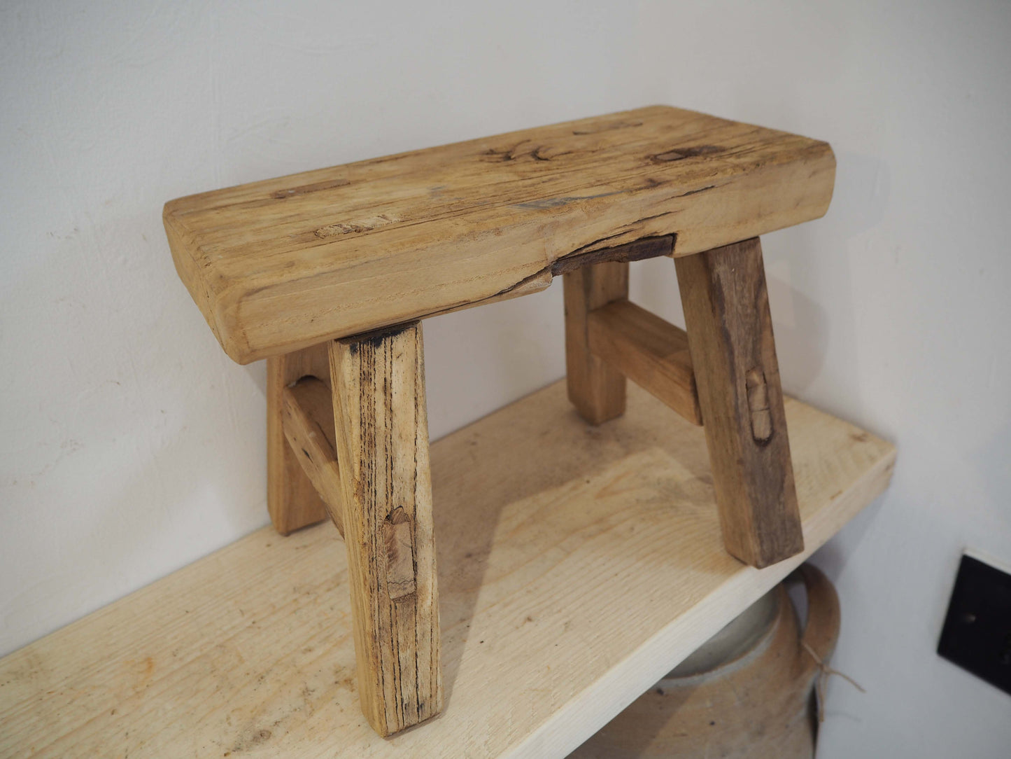 Antique Vintage Small Elm Rustic Wooden Farmhouse Stool / Milking Stool