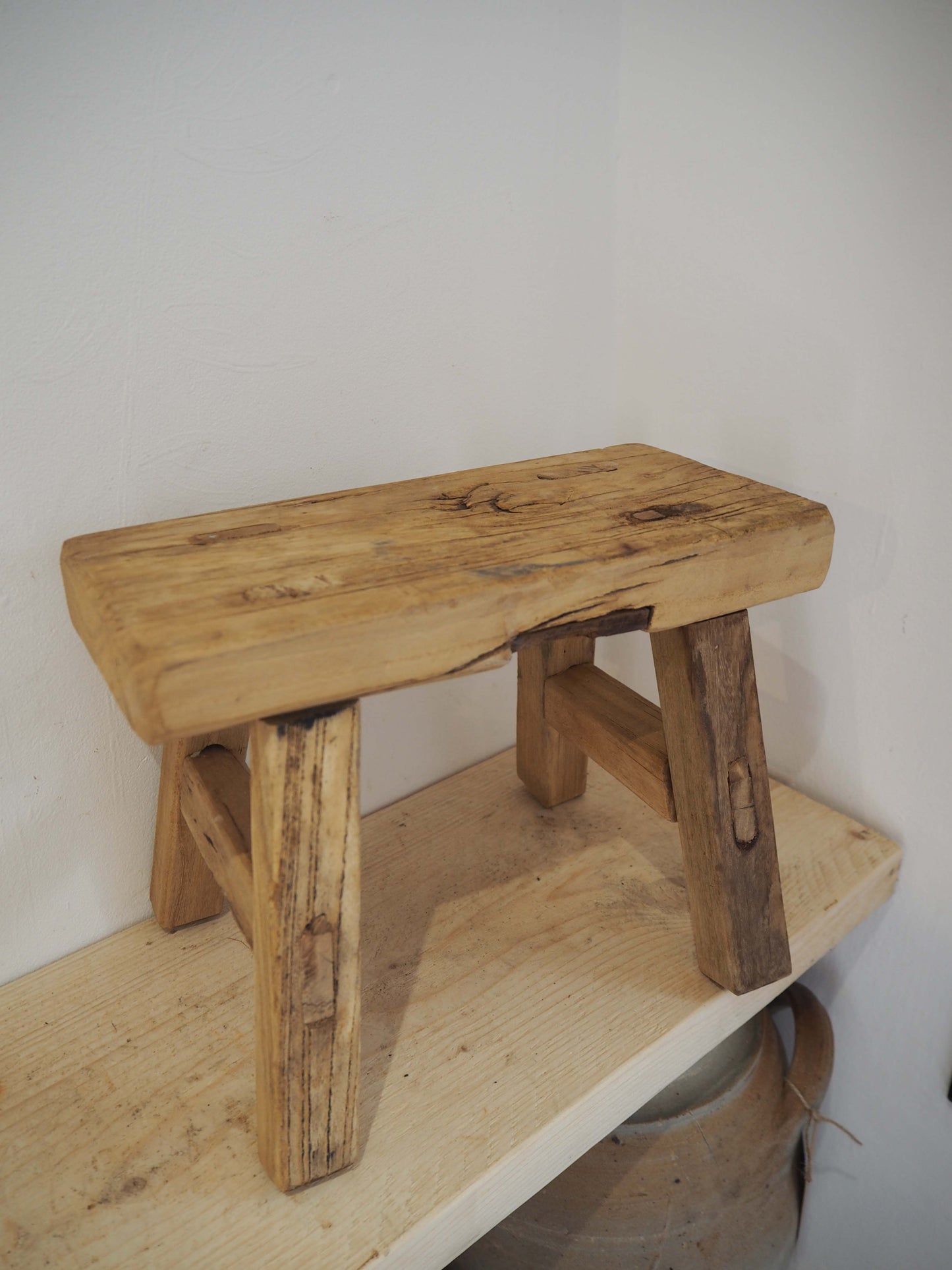 Antique Vintage Small Elm Rustic Wooden Farmhouse Stool / Milking Stool