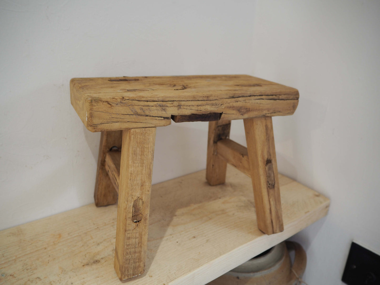 Antique Vintage Small Elm Rustic Wooden Farmhouse Stool / Milking Stool