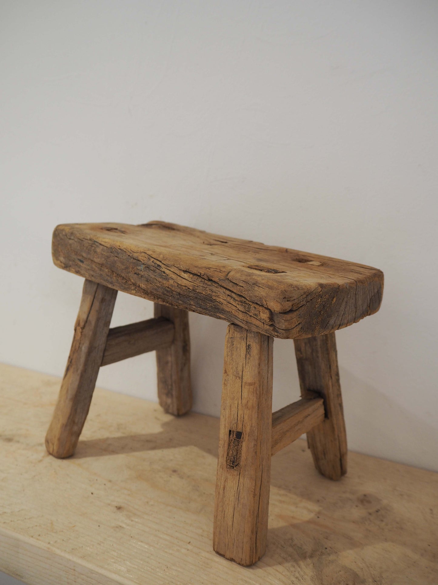Antique Vintage Small Elm Rustic Wooden Farmhouse Stool / Milking Stool