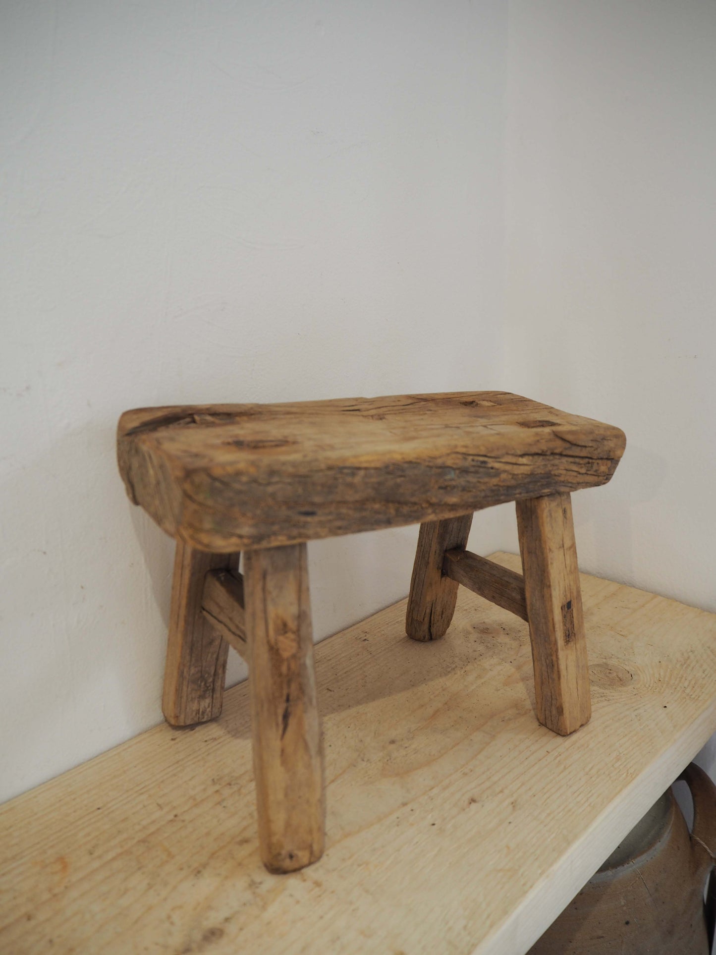 Antique Vintage Small Elm Rustic Wooden Farmhouse Stool / Milking Stool