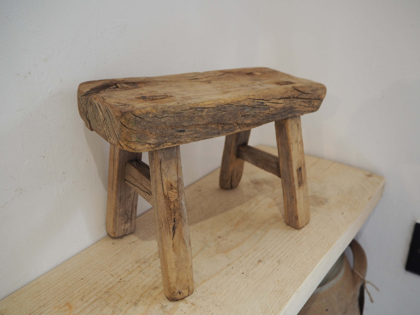 Antique Vintage Small Elm Rustic Wooden Farmhouse Stool / Milking Stool