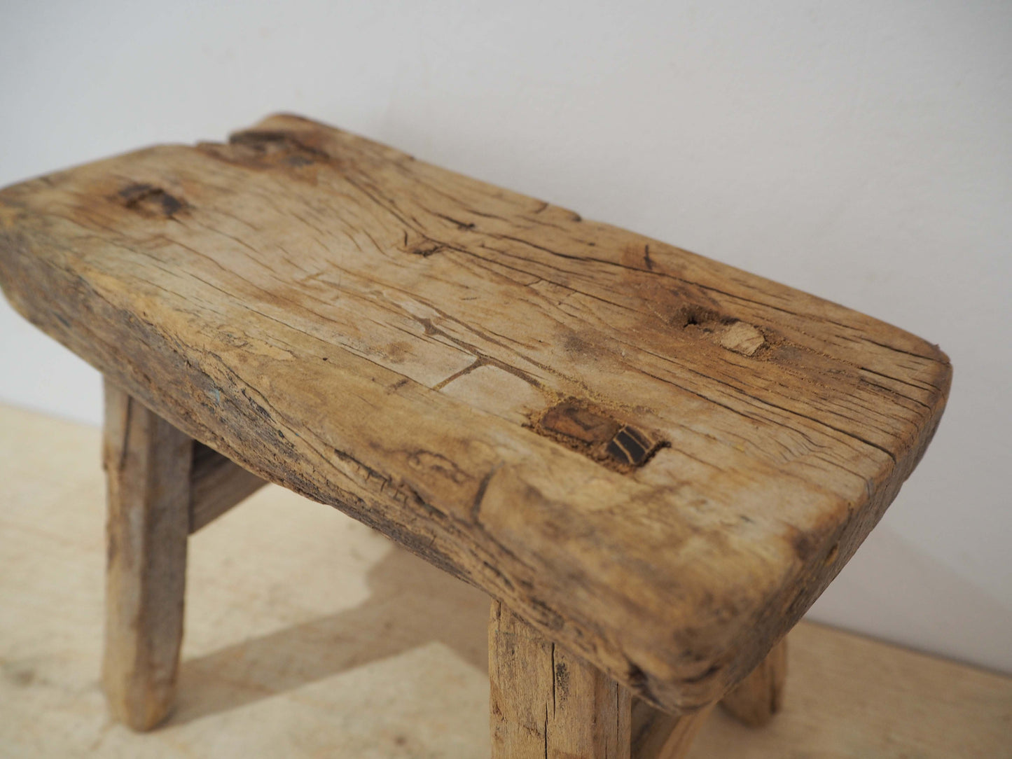 Antique Vintage Small Elm Rustic Wooden Farmhouse Stool / Milking Stool