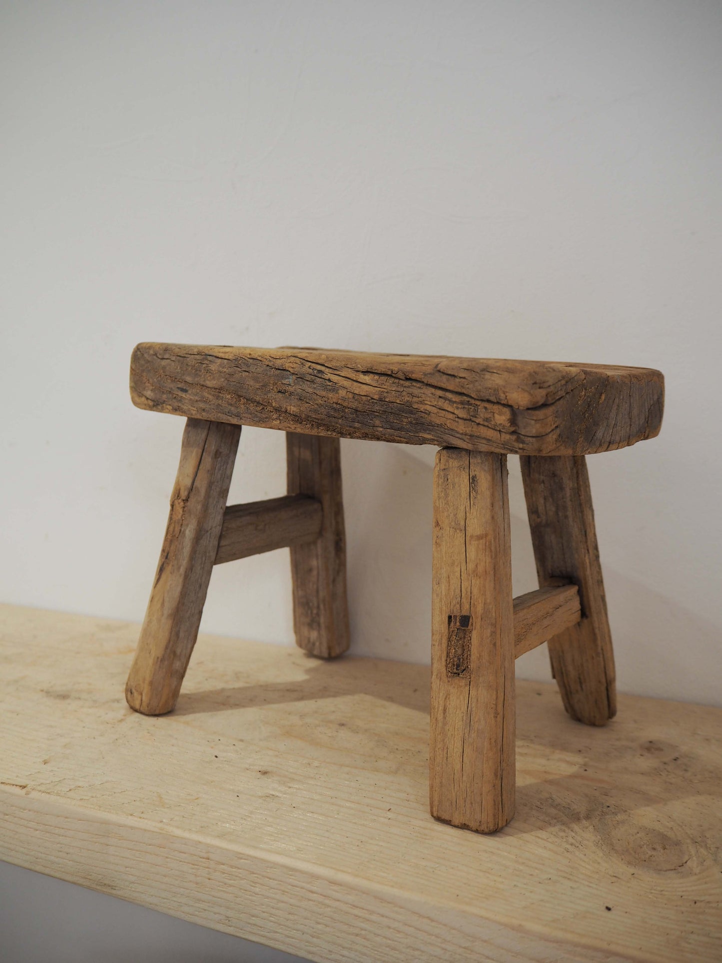 Antique Vintage Small Elm Rustic Wooden Farmhouse Stool / Milking Stool
