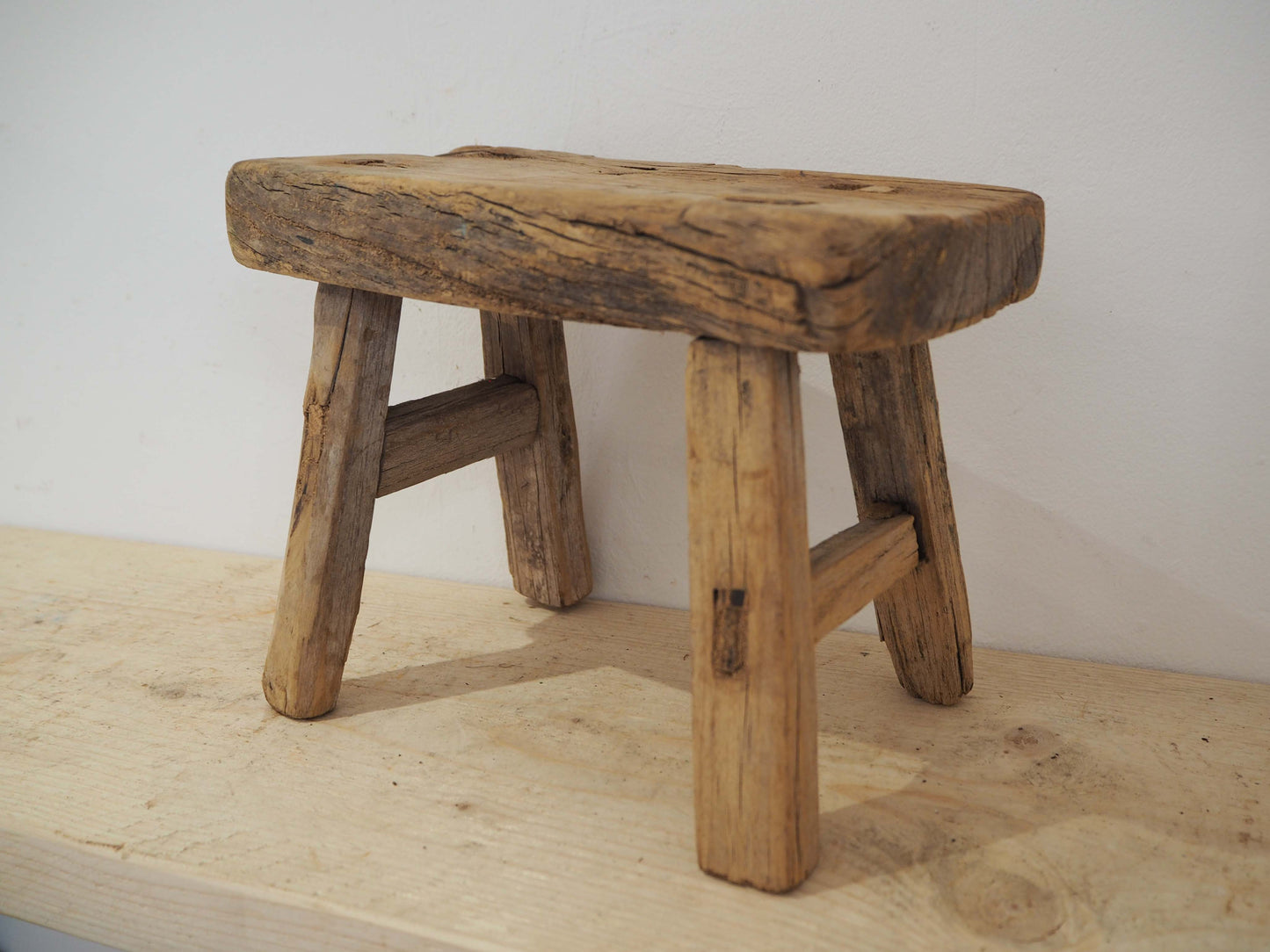 Antique Vintage Small Elm Rustic Wooden Farmhouse Stool / Milking Stool