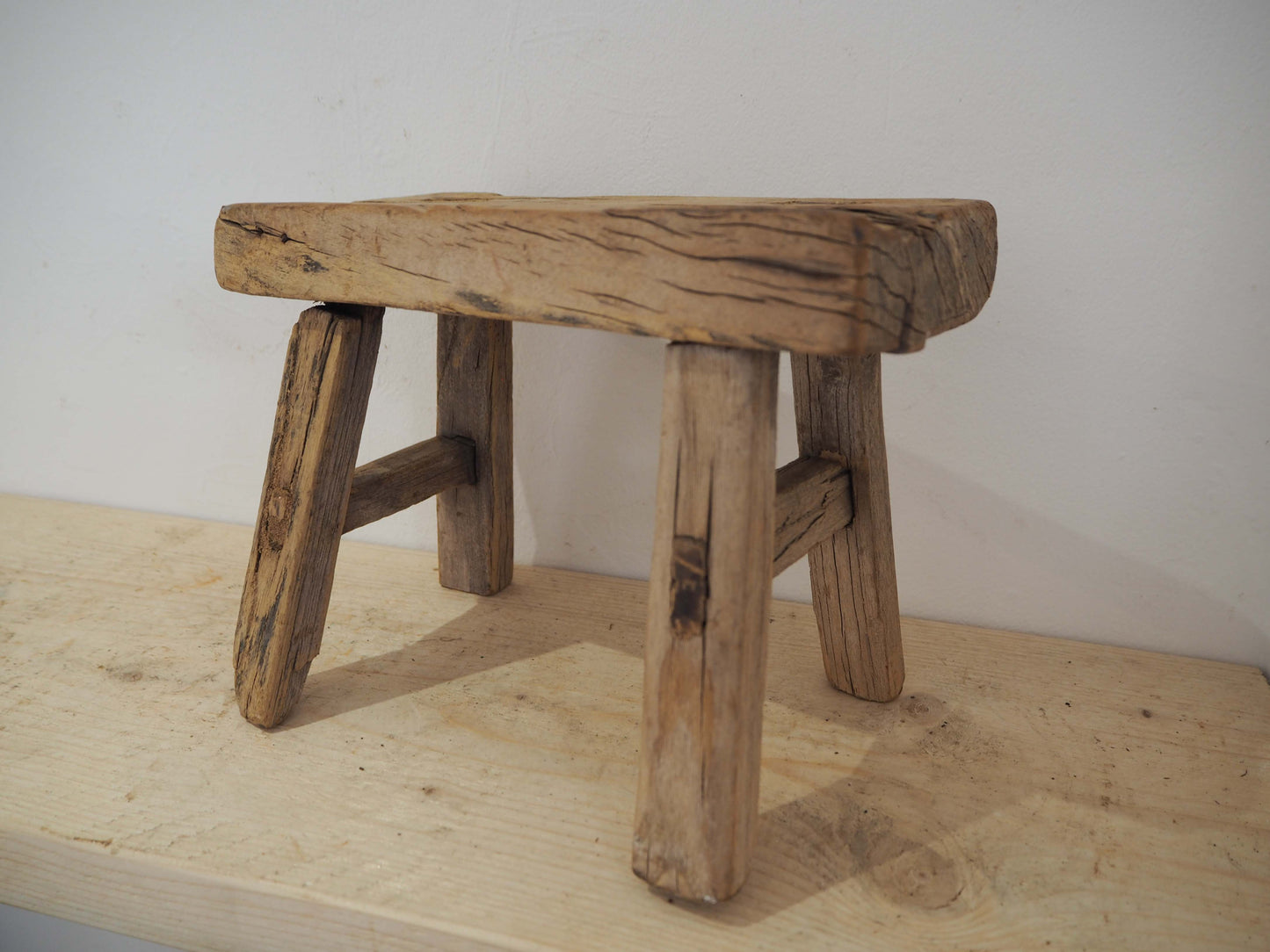 Antique Vintage Small Elm Rustic Wooden Farmhouse Stool / Milking Stool