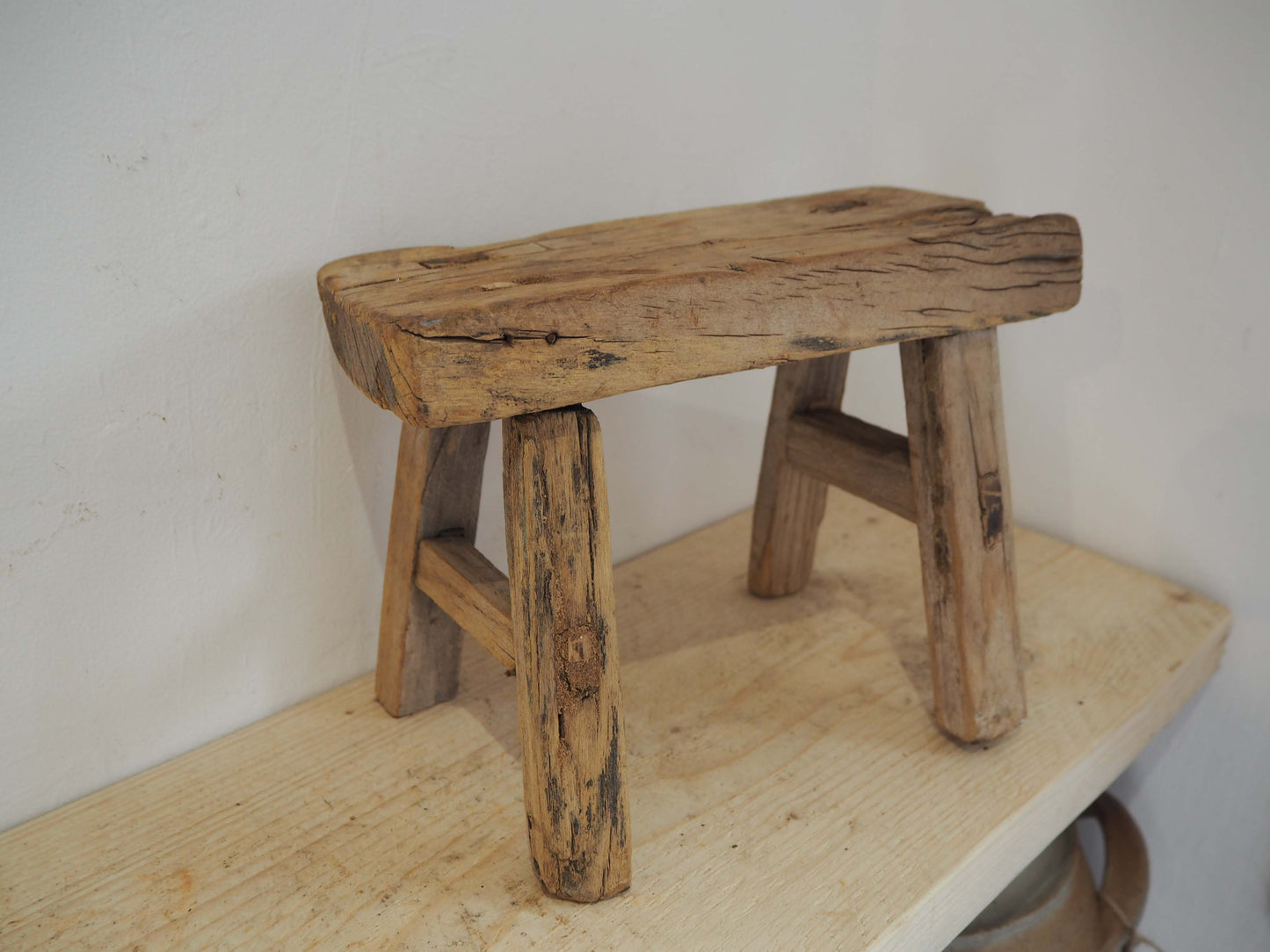 Antique Vintage Small Elm Rustic Wooden Farmhouse Stool / Milking Stool