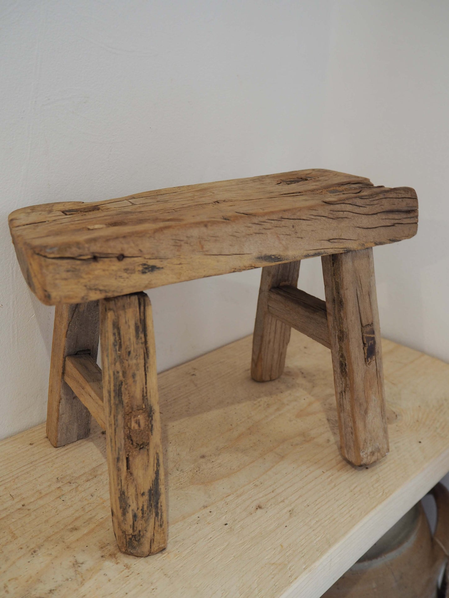 Antique Vintage Small Elm Rustic Wooden Farmhouse Stool / Milking Stool