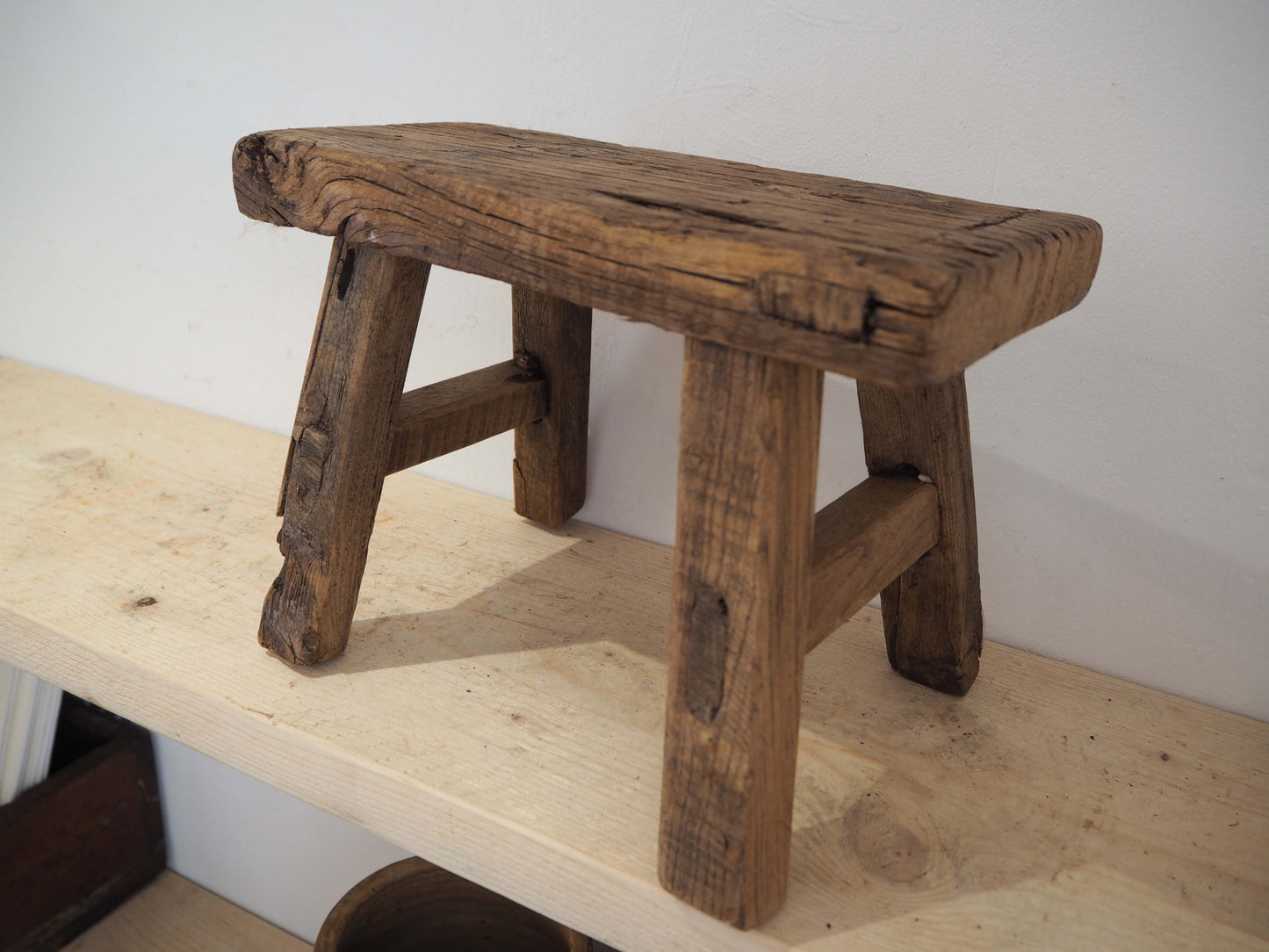 Antique Vintage Small Elm Rustic Wooden Farmhouse Stool / Milking Stool