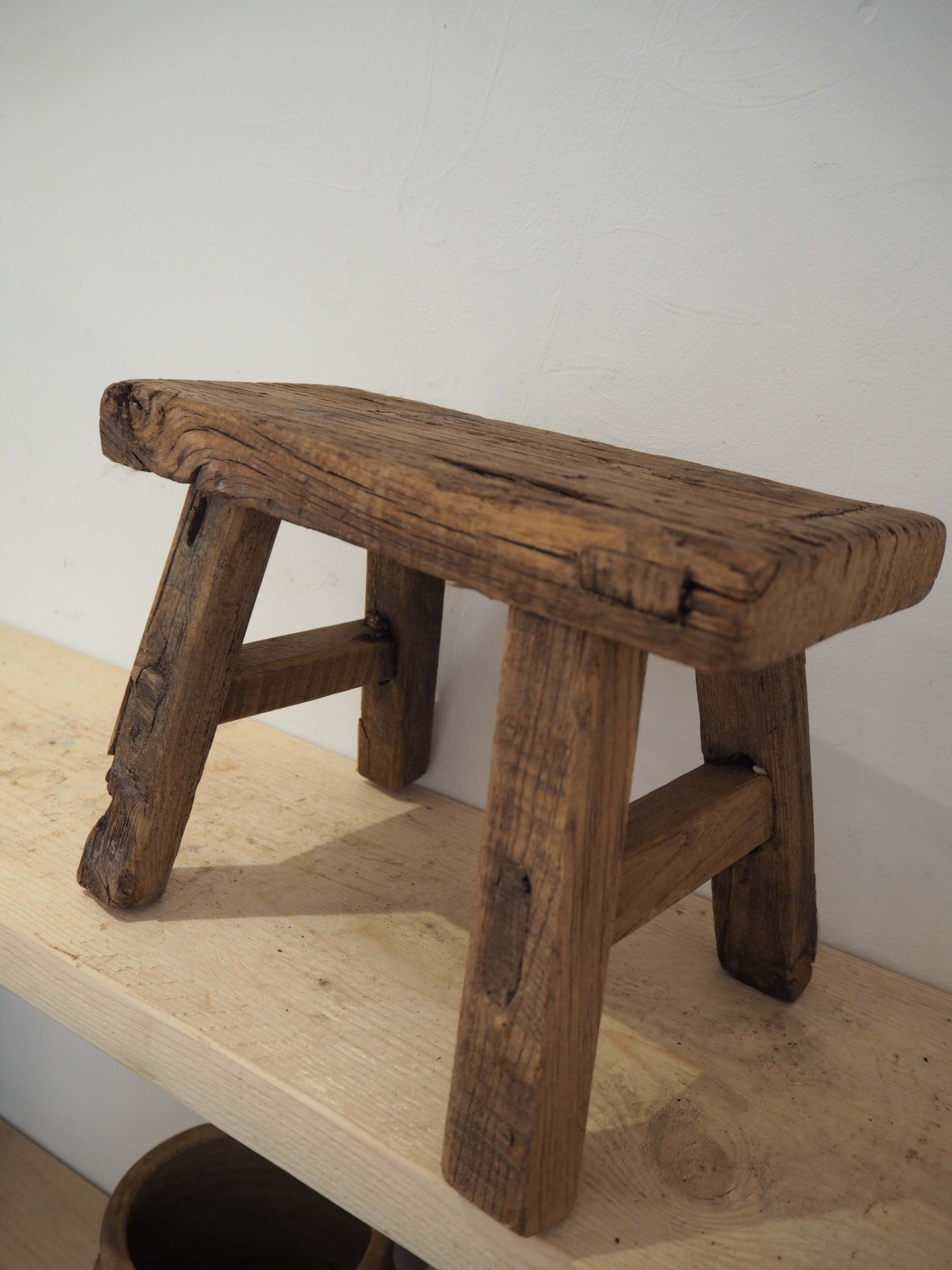 Antique Vintage Small Elm Rustic Wooden Farmhouse Stool / Milking Stool