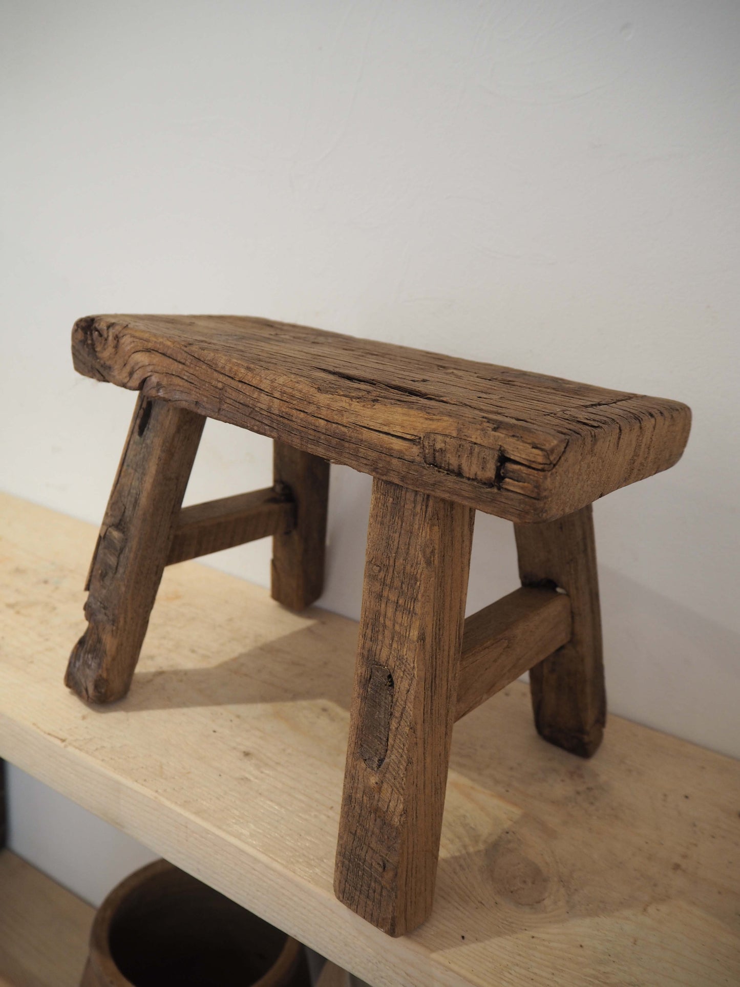 Antique Vintage Small Elm Rustic Wooden Farmhouse Stool / Milking Stool