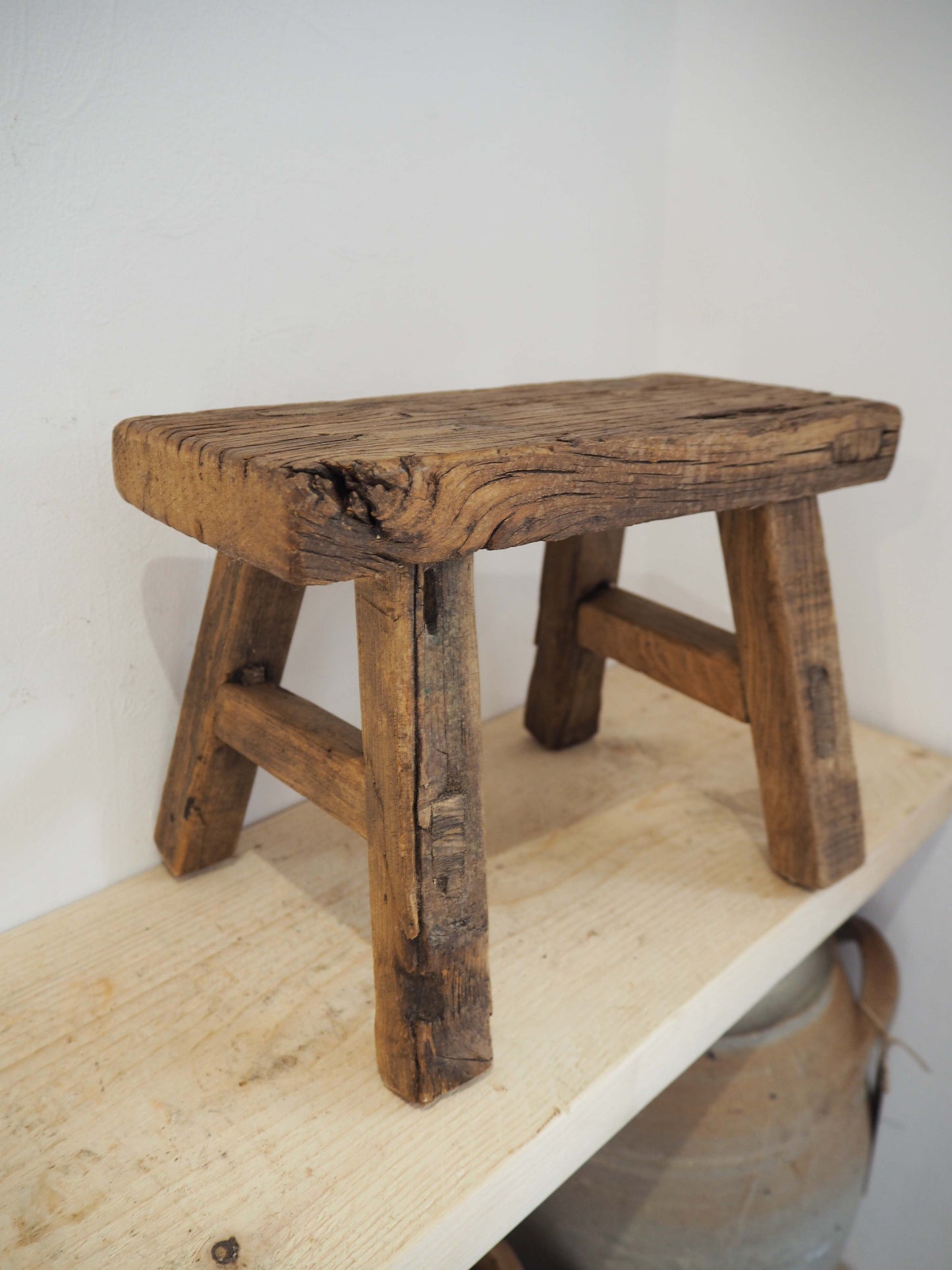 Antique Vintage Small Elm Rustic Wooden Farmhouse Stool / Milking Stool