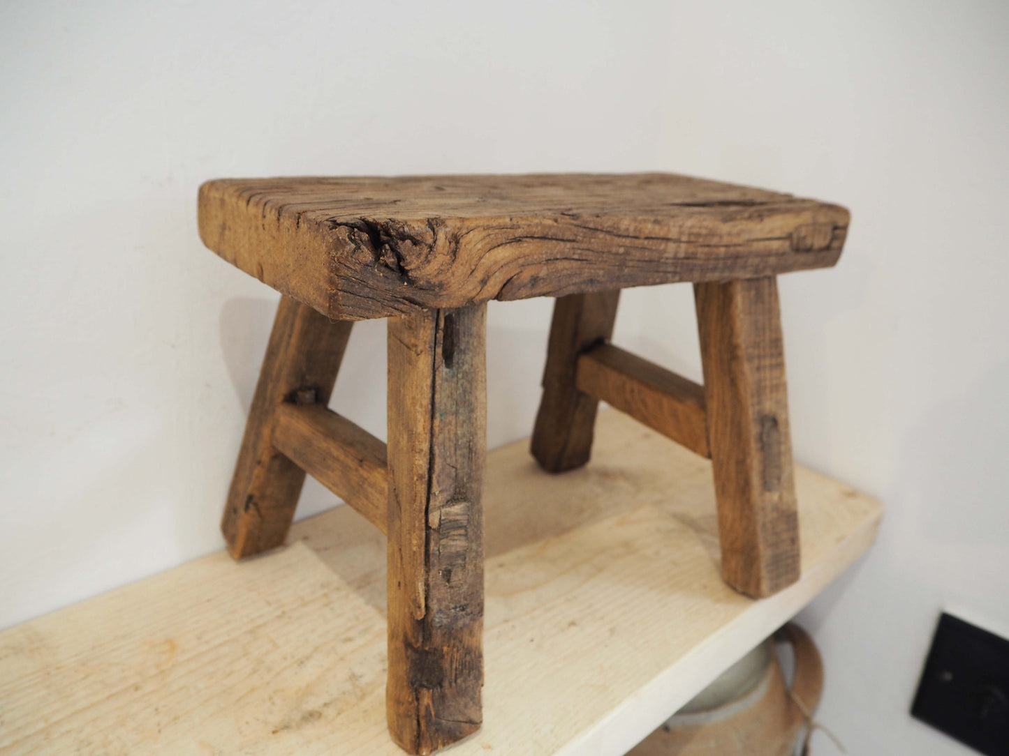 Antique Vintage Small Elm Rustic Wooden Farmhouse Stool / Milking Stool