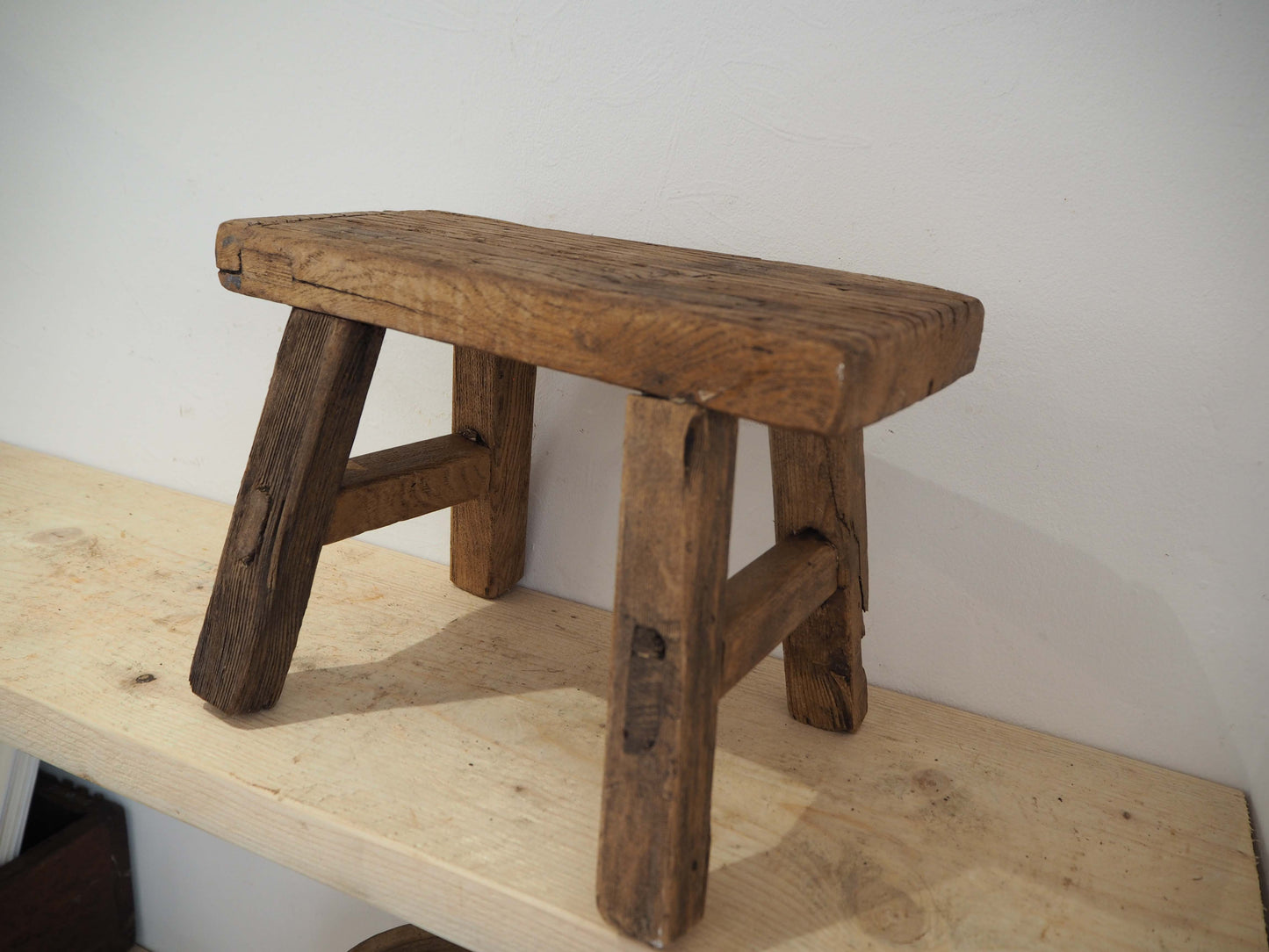 Antique Vintage Small Elm Rustic Wooden Farmhouse Stool / Milking Stool
