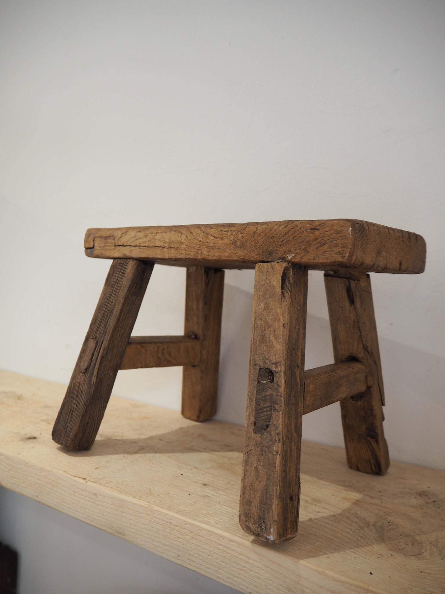 Antique Vintage Small Elm Rustic Wooden Farmhouse Stool / Milking Stool