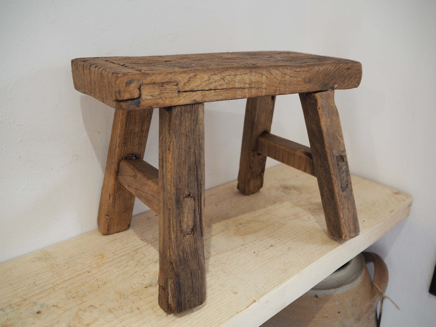 Antique Vintage Small Elm Rustic Wooden Farmhouse Stool / Milking Stool