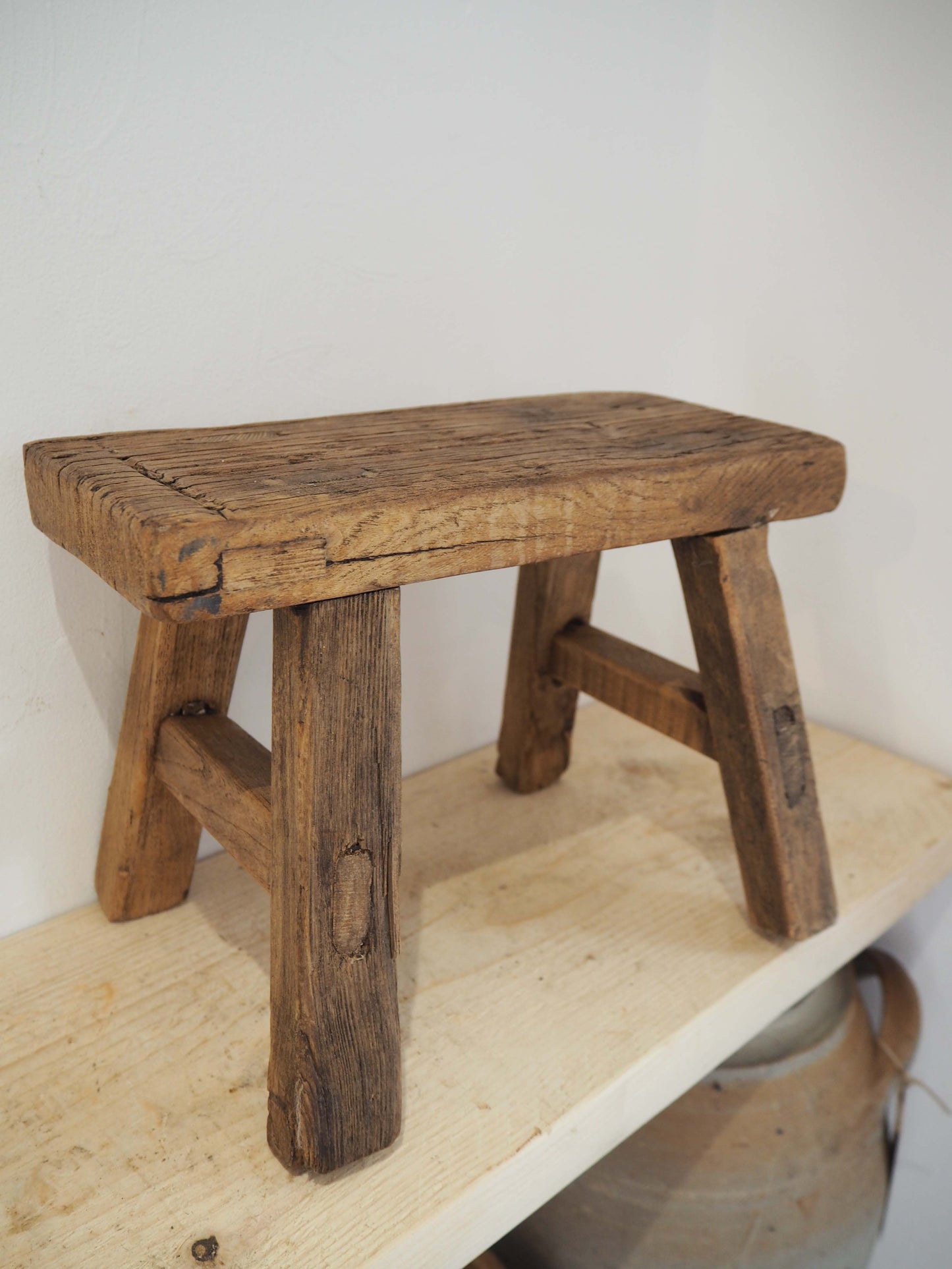 Antique Vintage Small Elm Rustic Wooden Farmhouse Stool / Milking Stool