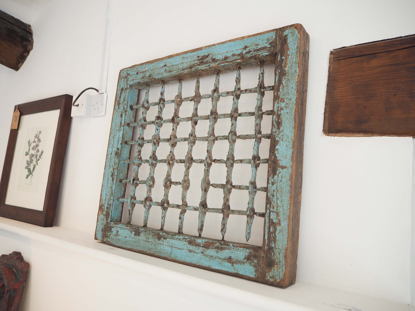 Antique Rustic Blue Distressed Wooden Indian Window / Artwork