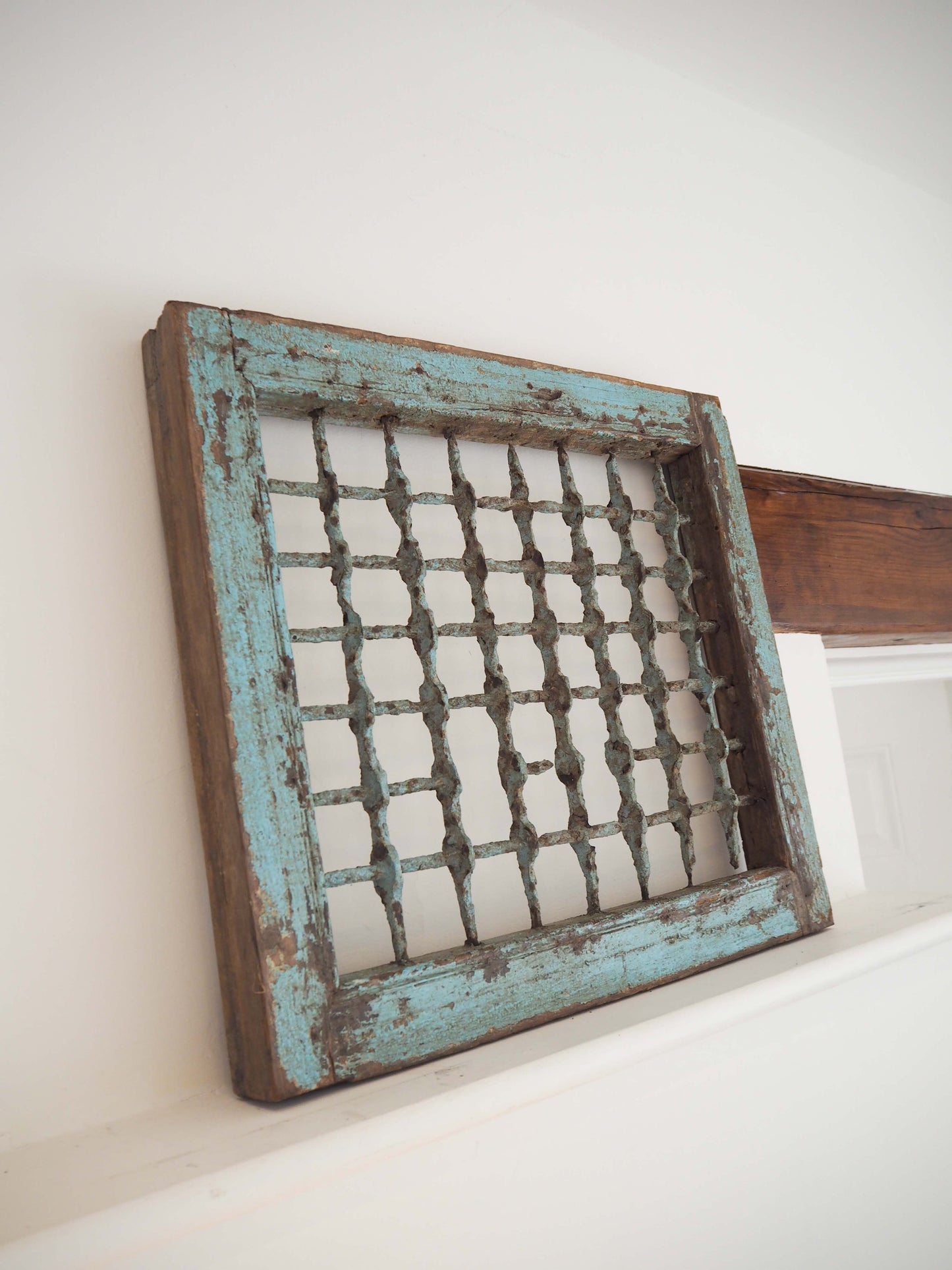 Antique Rustic Blue Distressed Wooden Indian Window / Artwork
