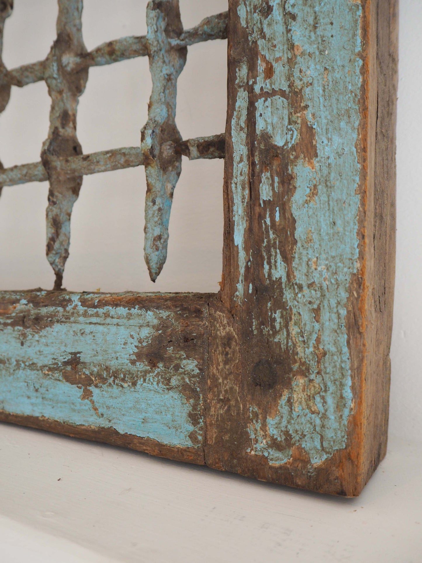 Antique Rustic Blue Distressed Wooden Indian Window / Artwork