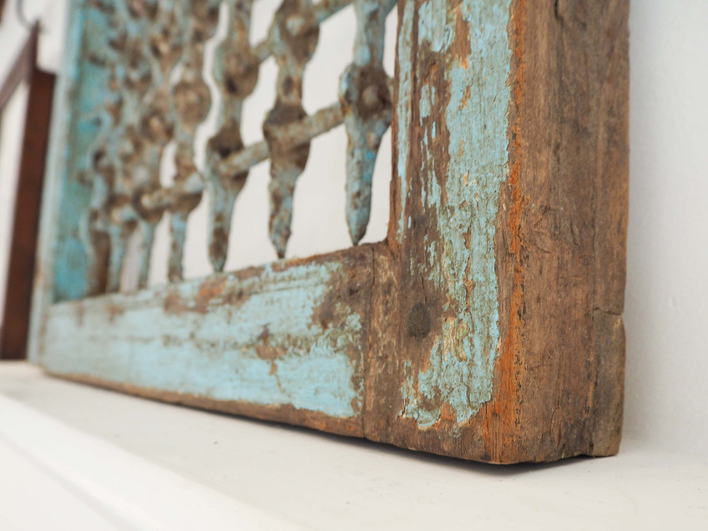 Antique Rustic Blue Distressed Wooden Indian Window / Artwork