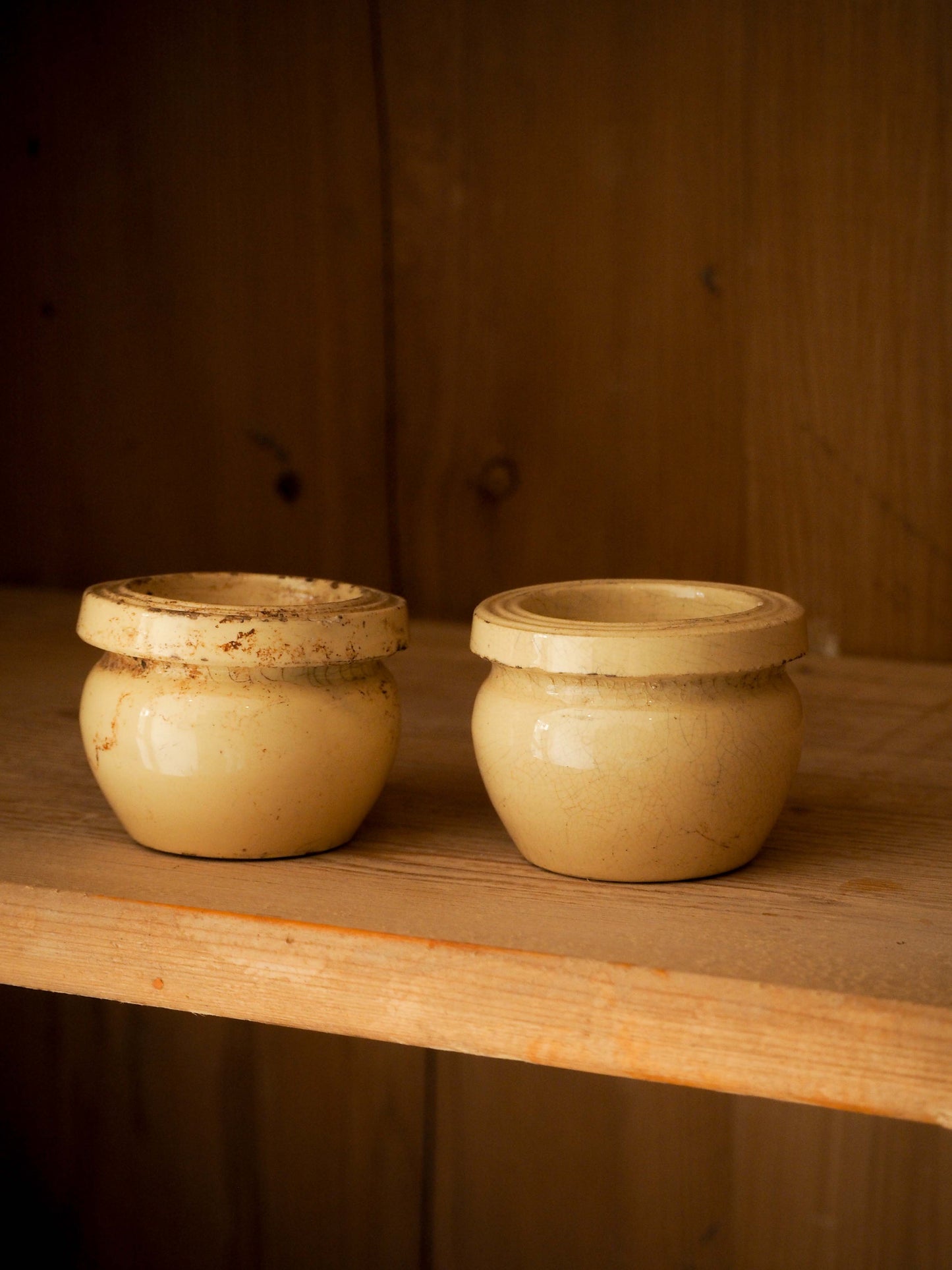 Pair of Vintage / Antique Rustic French Small Yellow Confit Pots / Kitchen Storage Jar