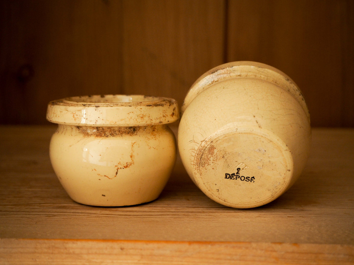 Pair of Vintage / Antique Rustic French Small Yellow Confit Pots / Kitchen Storage Jar