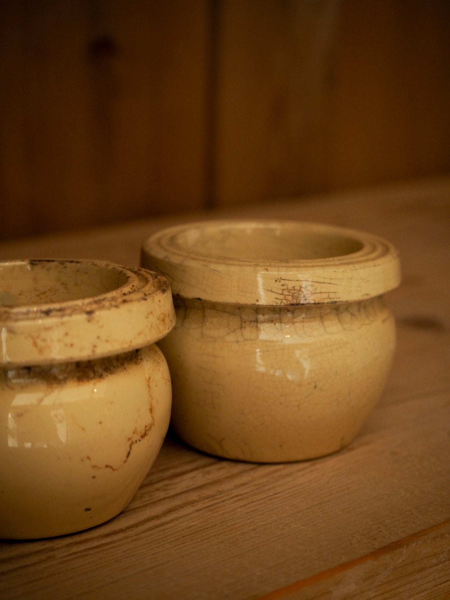 Pair of Vintage / Antique Rustic French Small Yellow Confit Pots / Kitchen Storage Jar