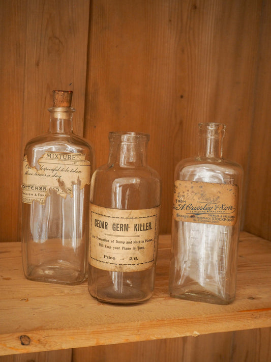 Trio of Vintage / Antique English Apothecary Chemist Bottles With Original Labels (Sold Individually)