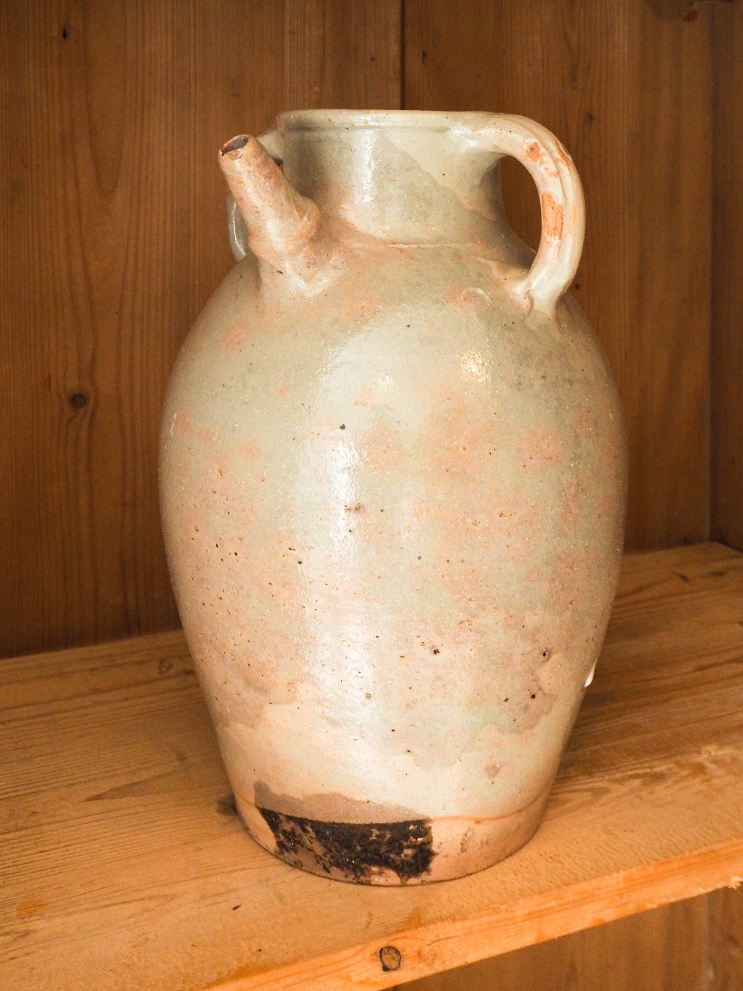 Vintage / Antique Rustic French Grey Large Stoneware Oil Jug / Kitchen Storage Jar