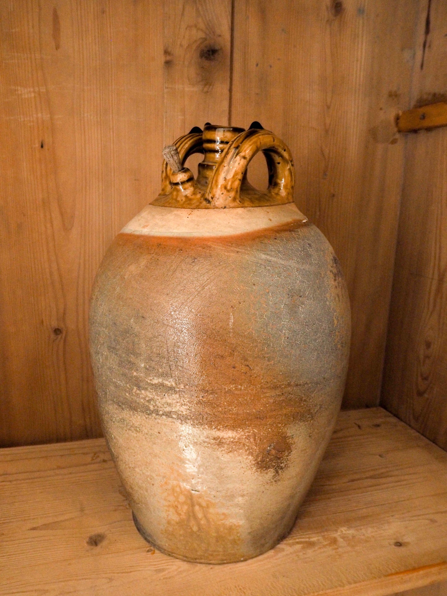 Vintage / Antique Rustic French Brown Large Stoneware Oil Jug / Kitchen Storage Jar