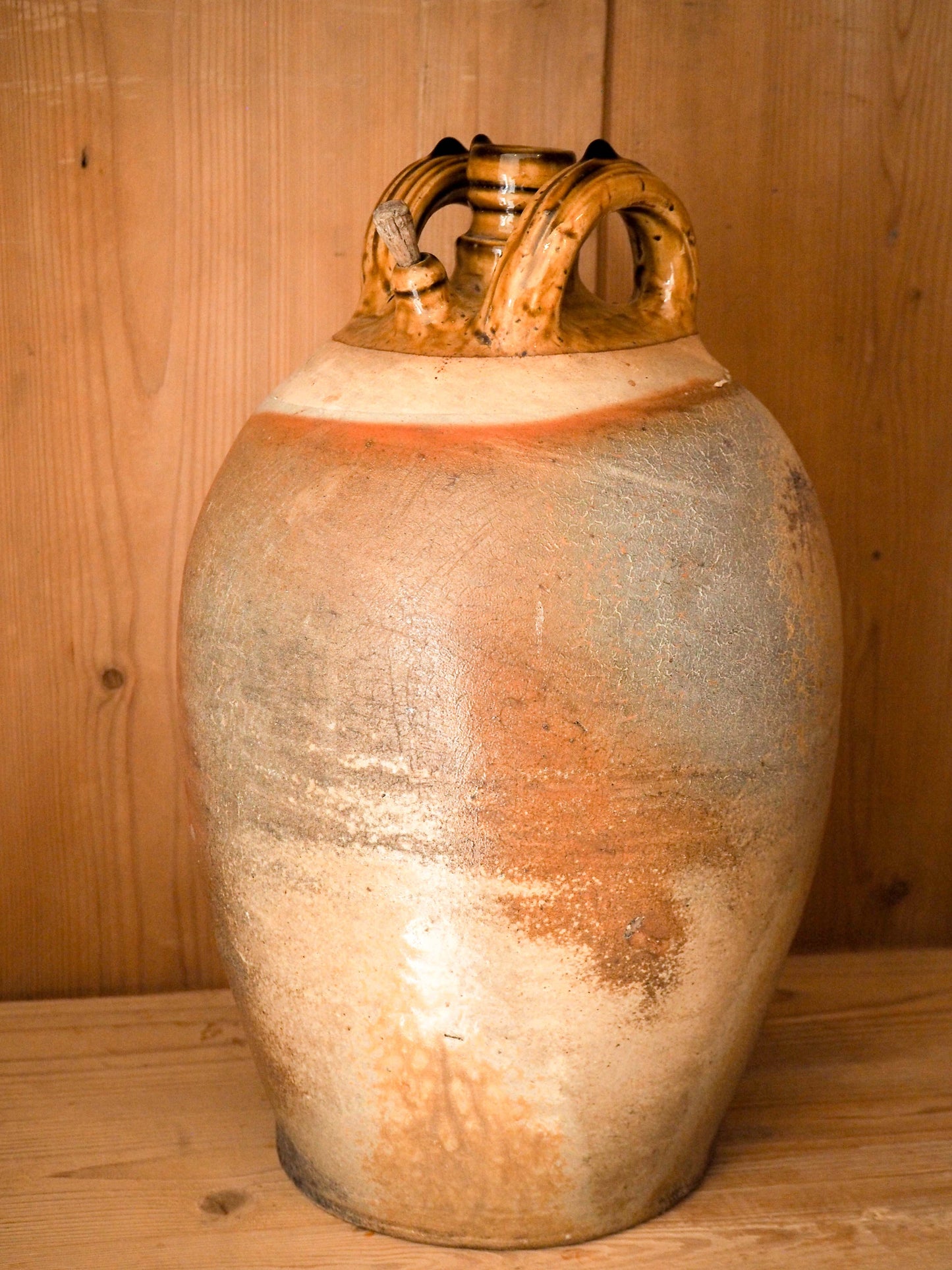 Vintage / Antique Rustic French Brown Large Stoneware Oil Jug / Kitchen Storage Jar