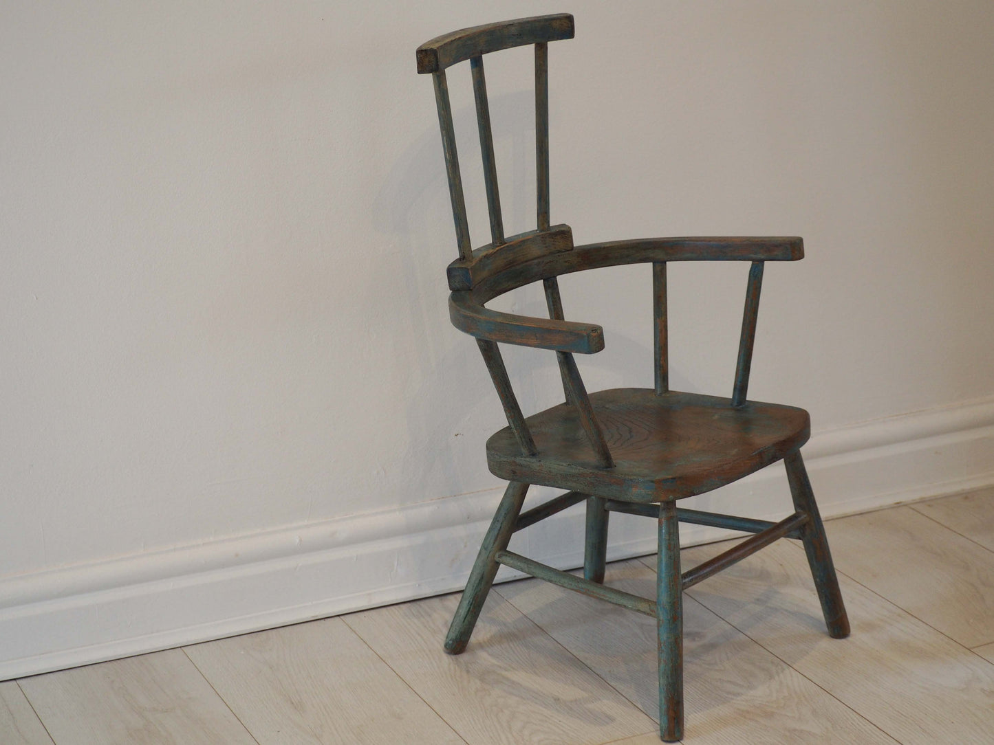 Vintage Antique Small Stick Back Style Chair With Green / Blue Paint