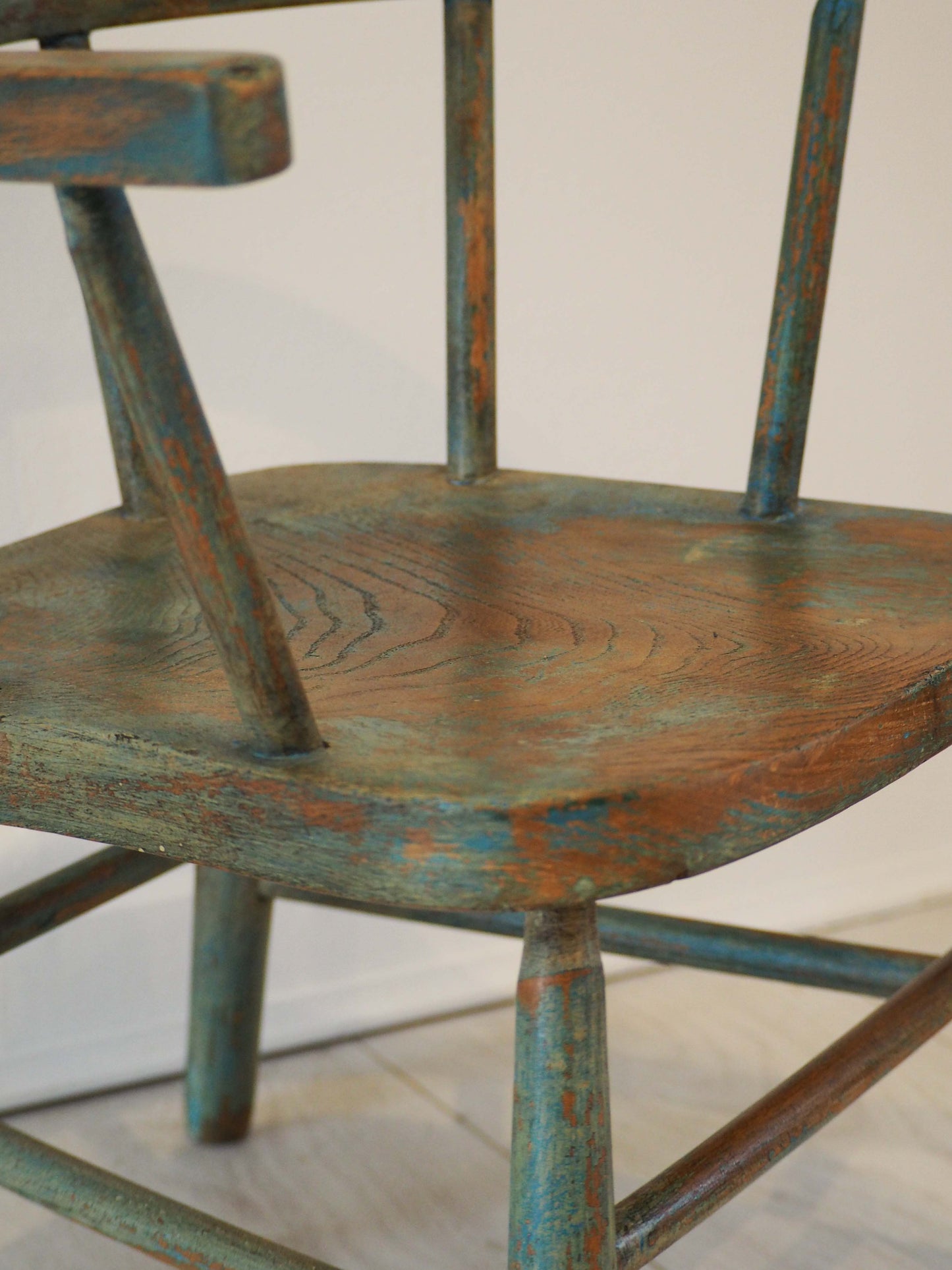 Vintage Antique Small Stick Back Style Chair With Green / Blue Paint