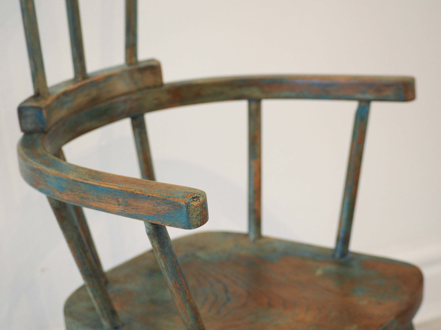 Vintage Antique Small Stick Back Style Chair With Green / Blue Paint