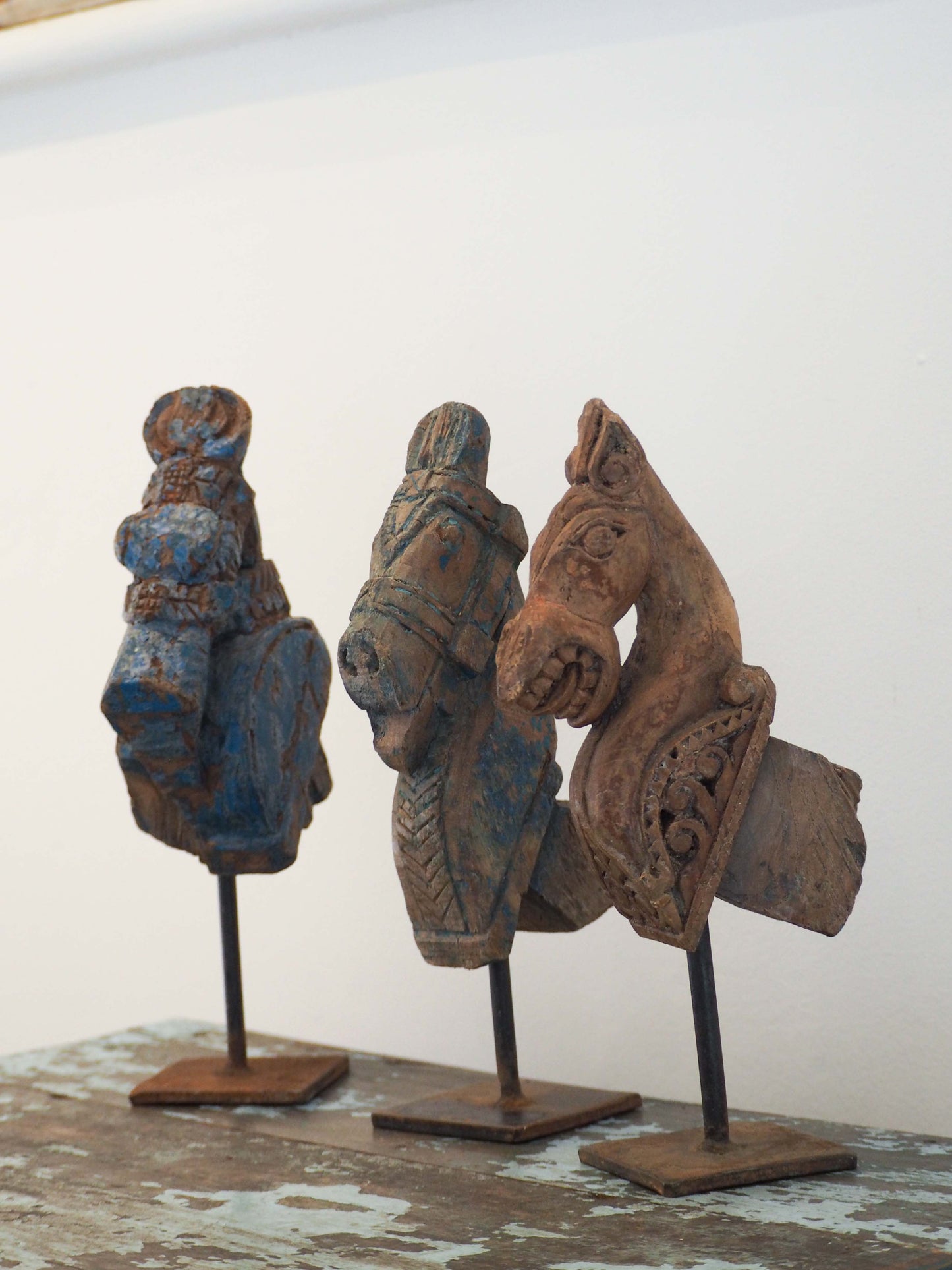Antique Indian Hand-Carved Wooden Horses Heads on Stand / Blue Paint (Sold Individually)