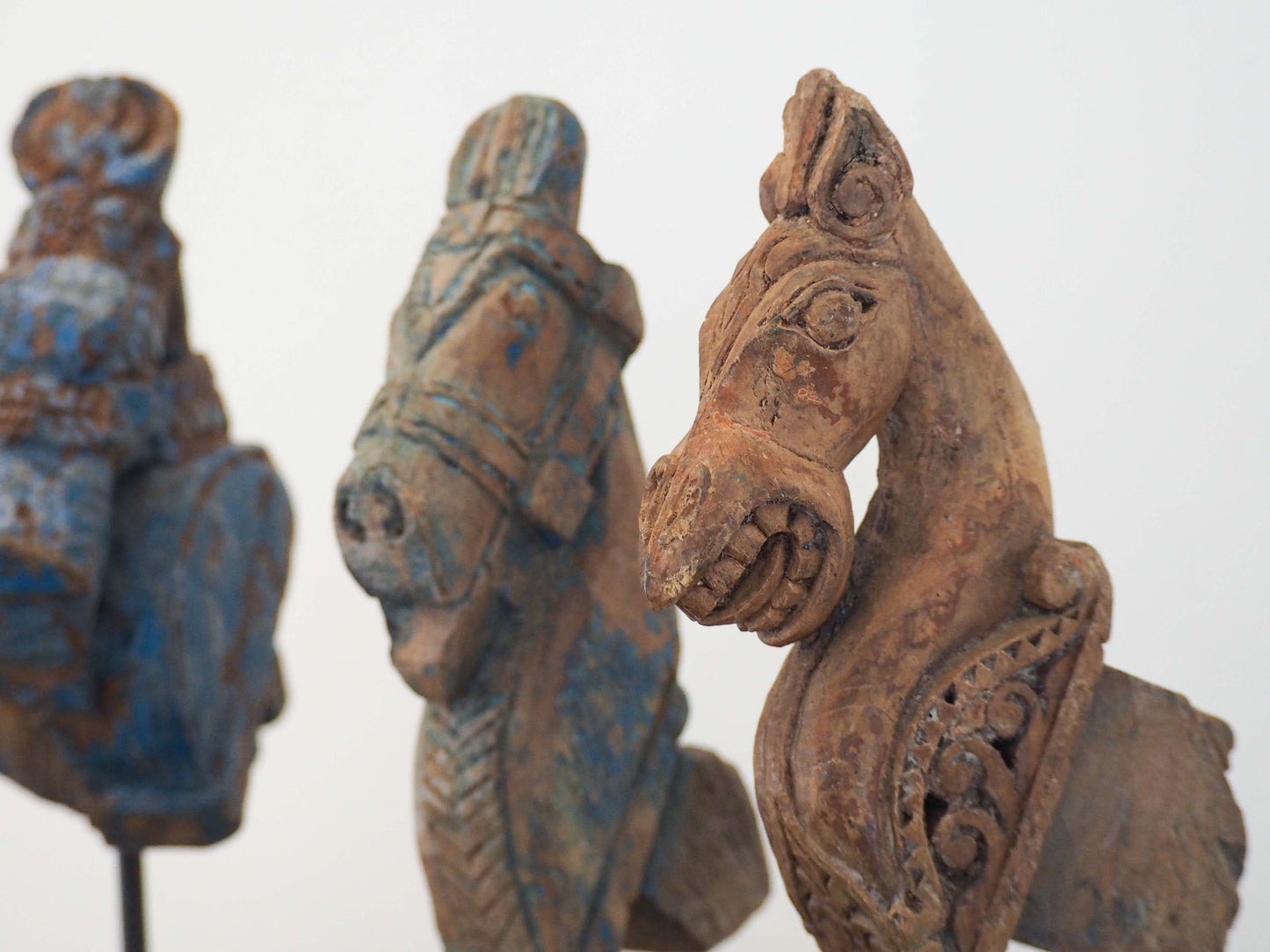 Antique Indian Hand-Carved Wooden Horses Heads on Stand / Blue Paint (Sold Individually)