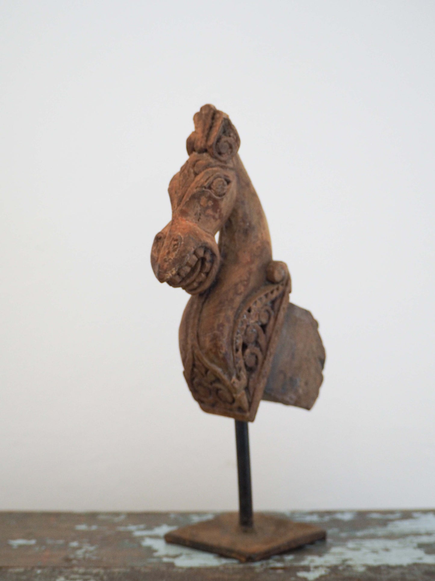 Antique Indian Hand-Carved Wooden Horses Heads on Stand / Blue Paint (Sold Individually)