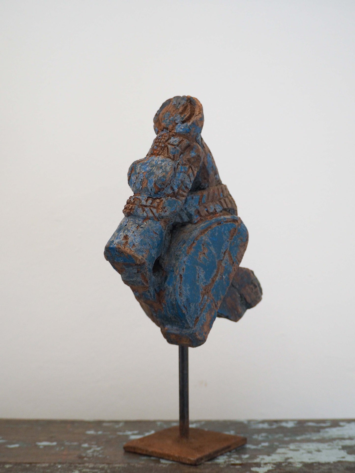 Antique Indian Hand-Carved Wooden Horses Heads on Stand / Blue Paint (Sold Individually)