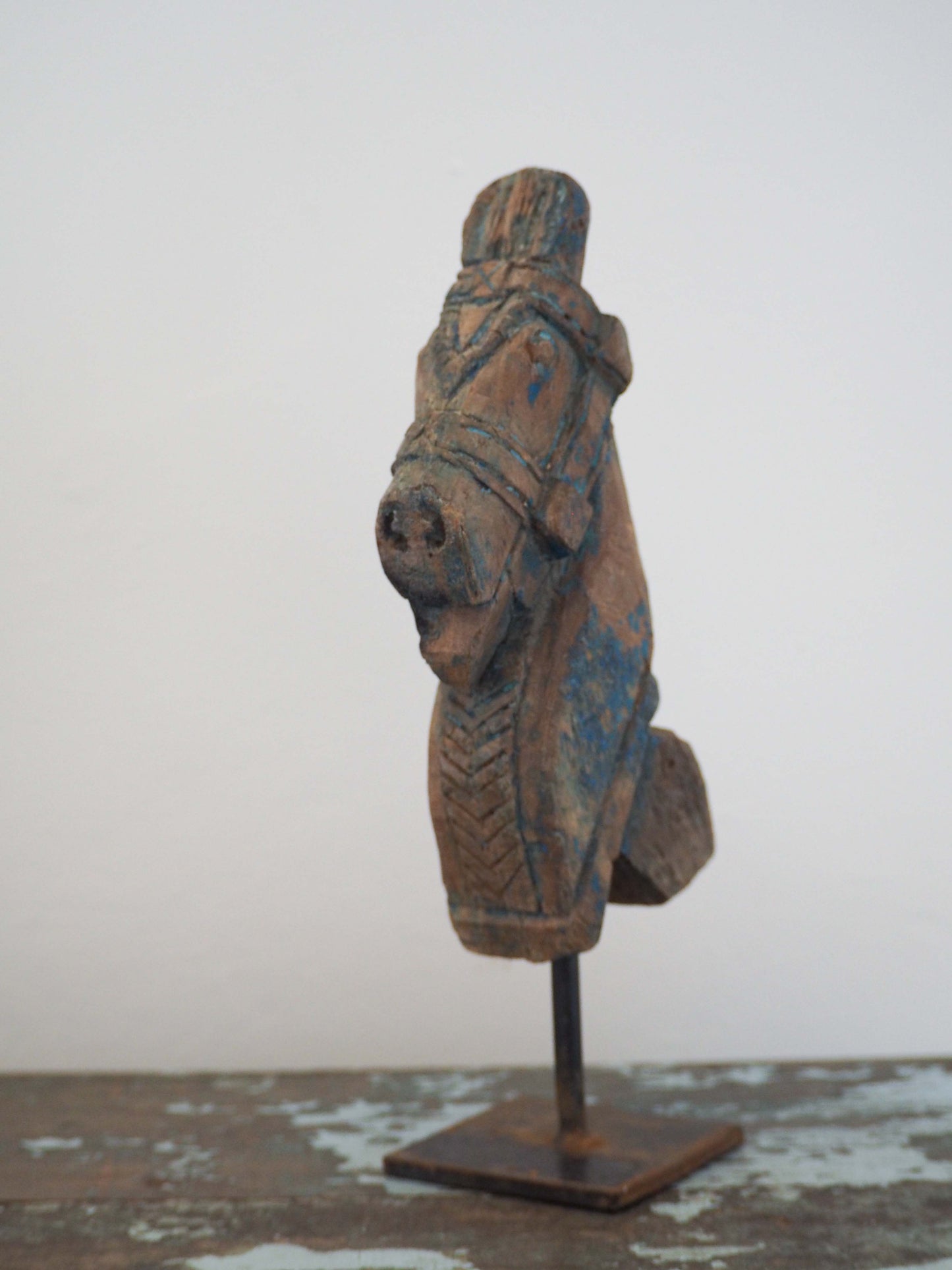Antique Indian Hand-Carved Wooden Horses Heads on Stand / Blue Paint (Sold Individually)