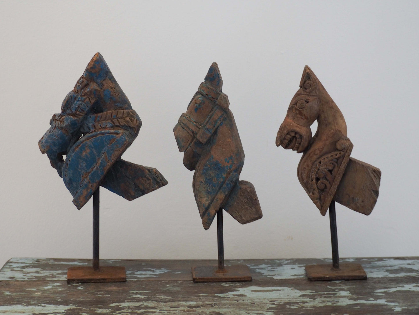 Antique Indian Hand-Carved Wooden Horses Heads on Stand / Blue Paint (Sold Individually)